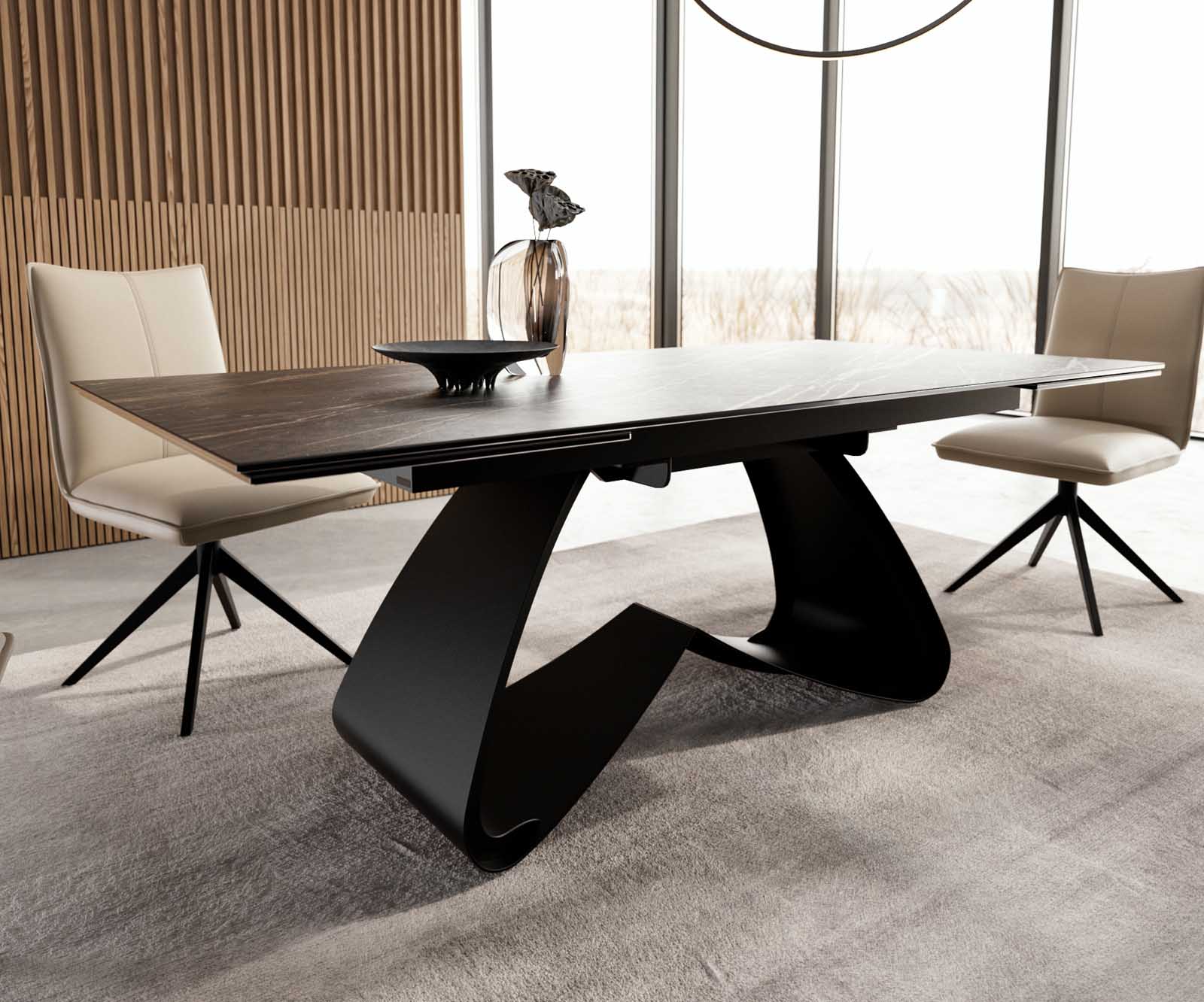 Eetkamertafel Edge 200-300x100 keramiek Laminam®Noir Desir bruin W-frame zwart uitschuifbaar 6