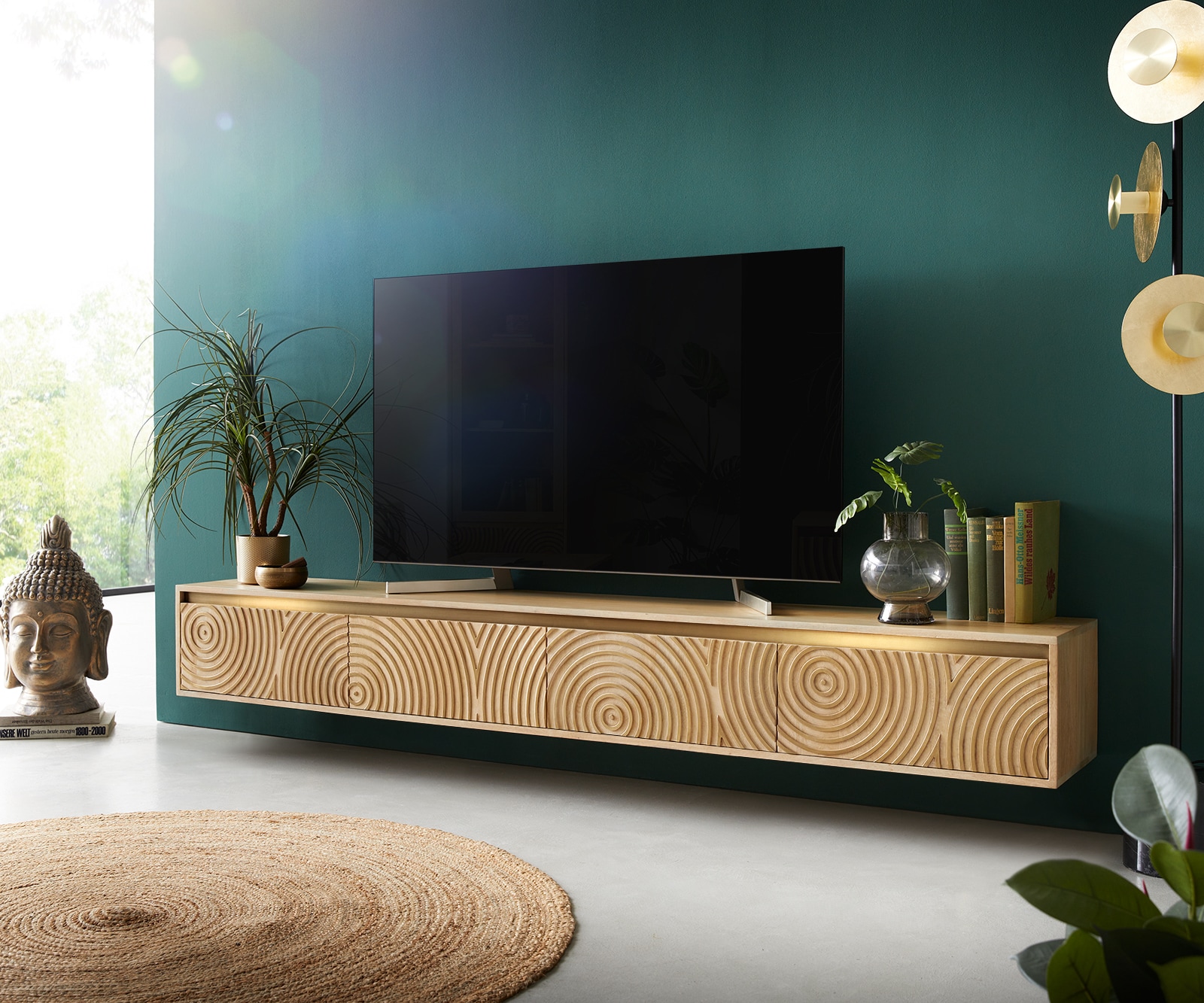 Tv-meubel Budaya 220 cm mango natuur 4 deurs zwevend Tv-meubel Budaya 220 cm mango natuur 4 deurs zwevend