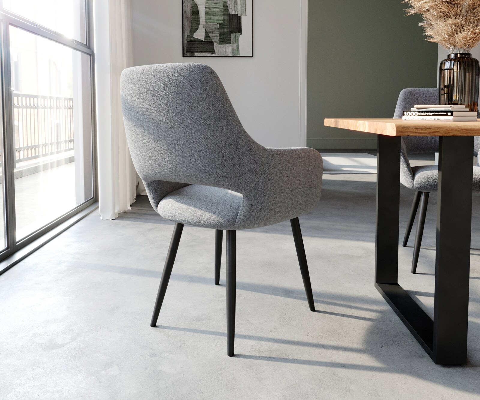 Eetkamerstoel Yago-Flex met armleuning structuurstof lichtgrijs 4-poot conisch zwart pocketveer kern 4 Eetkamerstoel Yago-Flex met armleuning structuurstof lichtgrijs 4-poot conisch zwart pocketveer kern 4