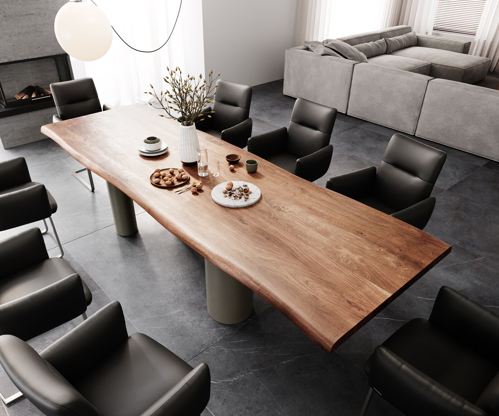Eetkamertafel Edge 300x100 XL acacia bruin Pilier metaal effectafwerking titaan Live-Edge 3