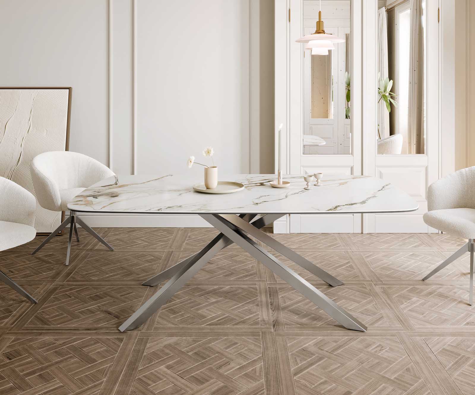 Eetkamertafel Edge Boot 200x100 keramiek Calacatta Luxe wit-goud-grijs kruisframe rechthoek RVS 1 Eetkamertafel Edge Boot 200x100 keramiek Calacatta Luxe wit-goud-grijs kruisframe rechthoek RVS 1