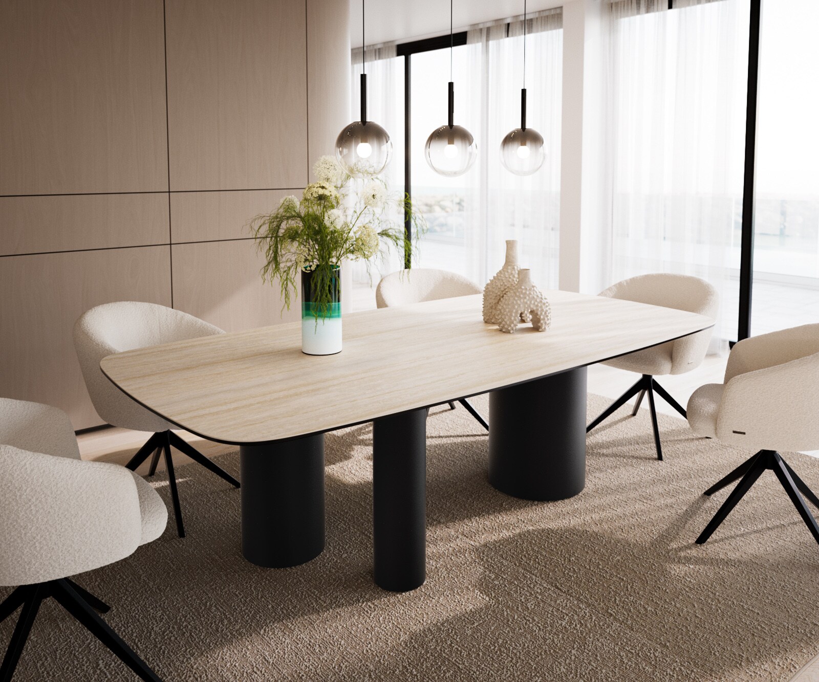 Eettafel Edge Boot 240x120 keramiek  Travertin natuur Troa metaal zwart