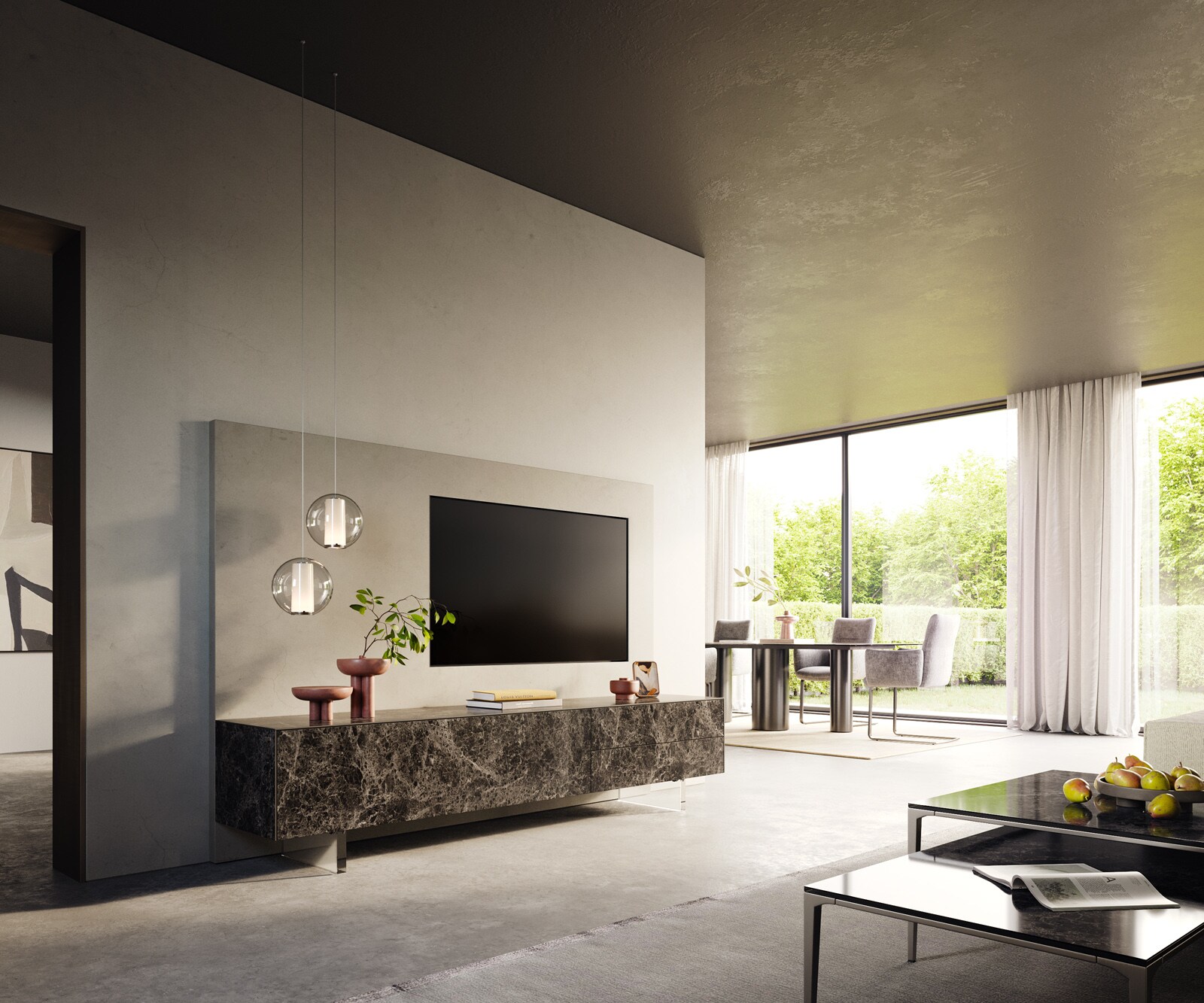 Tv-meubel Cuor 220 cm Keramiek Emperador Extra Lucidato Donkerbruin 1 Flap 2 Laden Zwevende voet look Acrylglas 7