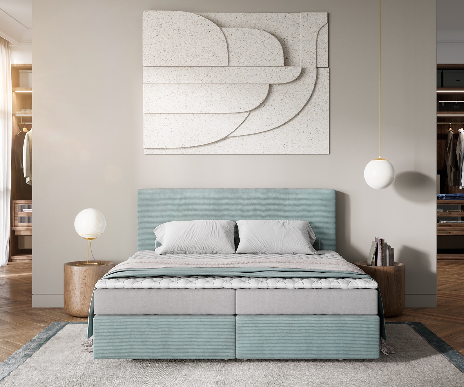 Boxspringbed Dream-Well 180x200 cm Cord Pastelblauw met Matras en Topper 1 Boxspringbed Dream-Well 180x200 cm Cord Pastelblauw met Matras en Topper 1