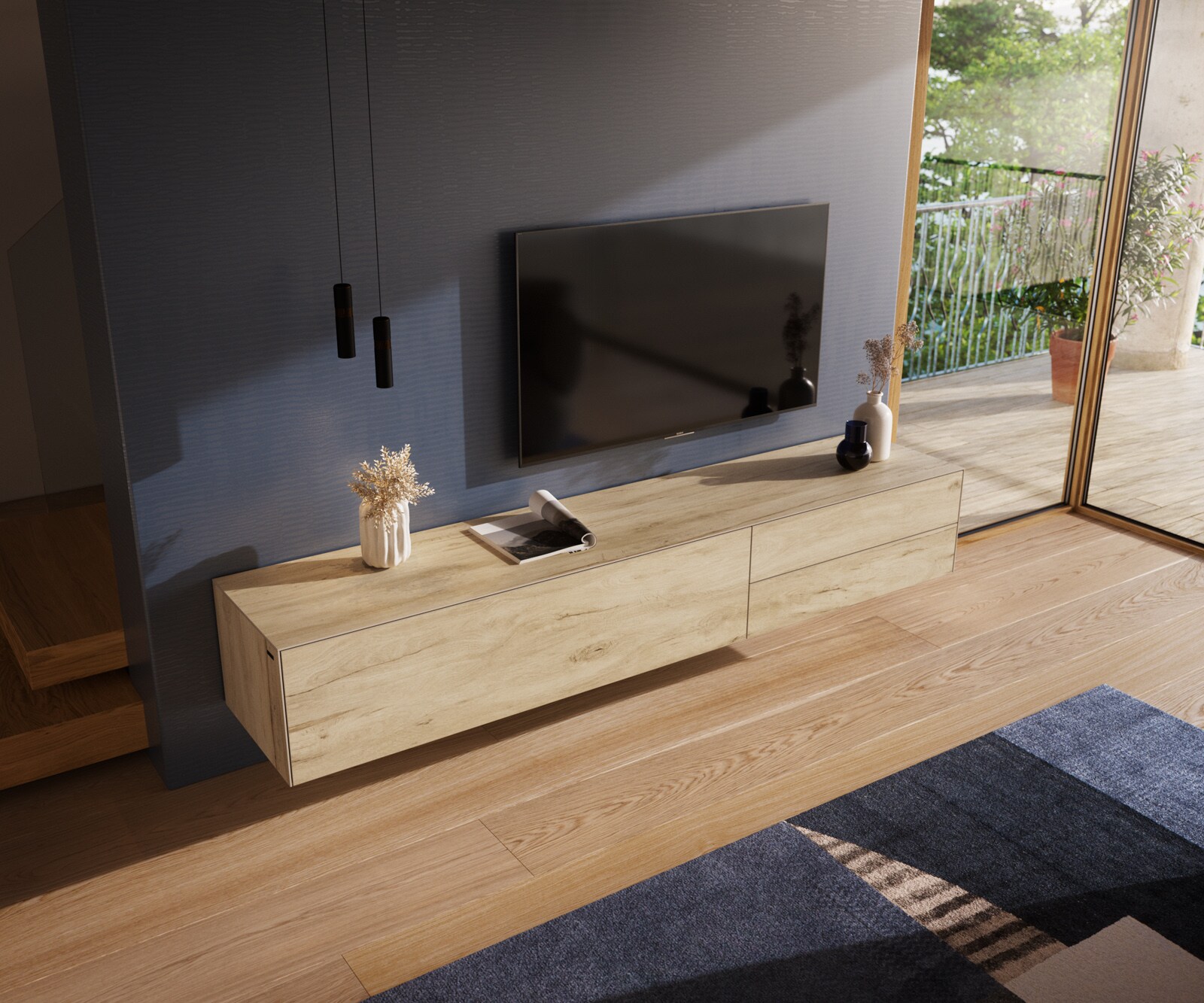 Tv-meubel Cuor 220 cm Keramiek Laminam® Sabbia Eiken gekleurd 1 Flap 2 Laden Zwevend 3