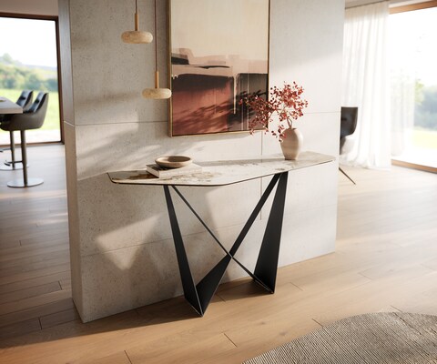 Consoletafel Edge Polygonaal 140x50 cm Keramiek Minas Melange Weiß-Beige Spios Metaal Zwart