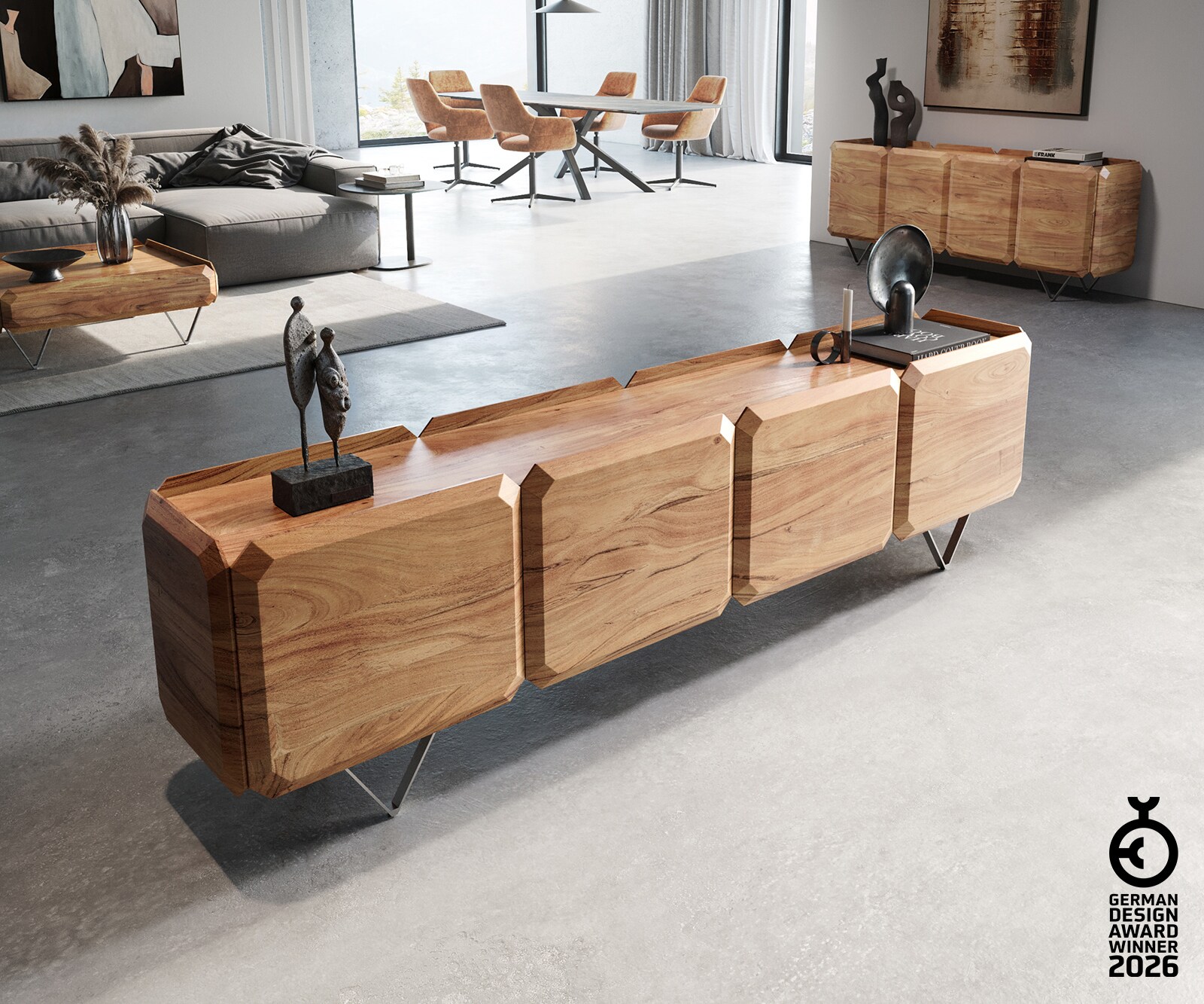 Lowboard Kiano 220 cm Acacia Natuur 4 Deuren V-voet Edelstaal Roomdivider