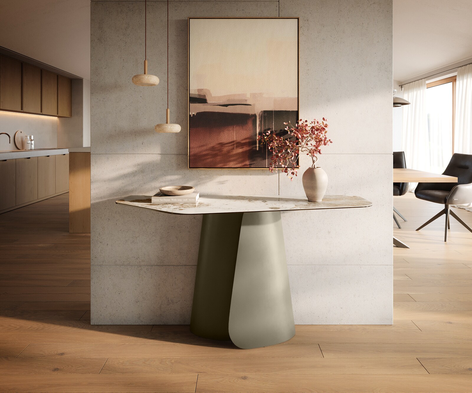 Consoletafel Edge Polygonaal 140x50 cm Keramiek Minas Melange Weiß-Beige Livos Metaal Effektfinish Titan 4