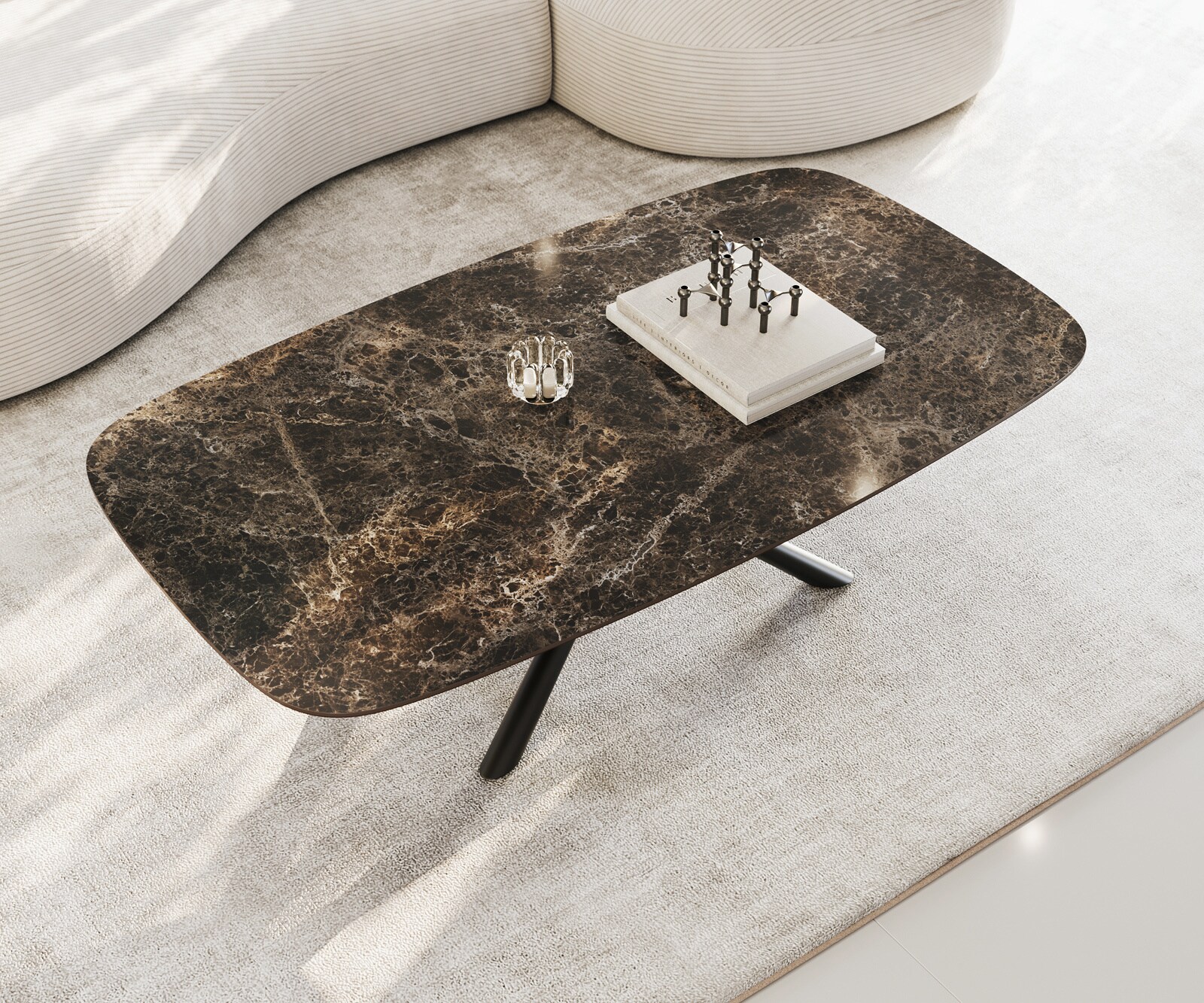 Salontafel Edge bootvorm 140x80 cm keramiek Emperador Extra Lucidato donkerbruin Sarity metaal zwart 3
