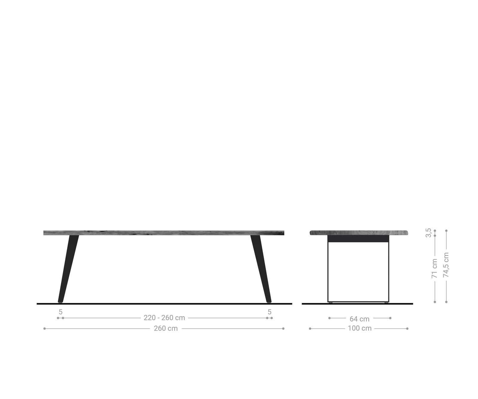 Eettafel Edge 260x100cm acacia platina roestvrijstaal zilver schuin Live-Edge 5