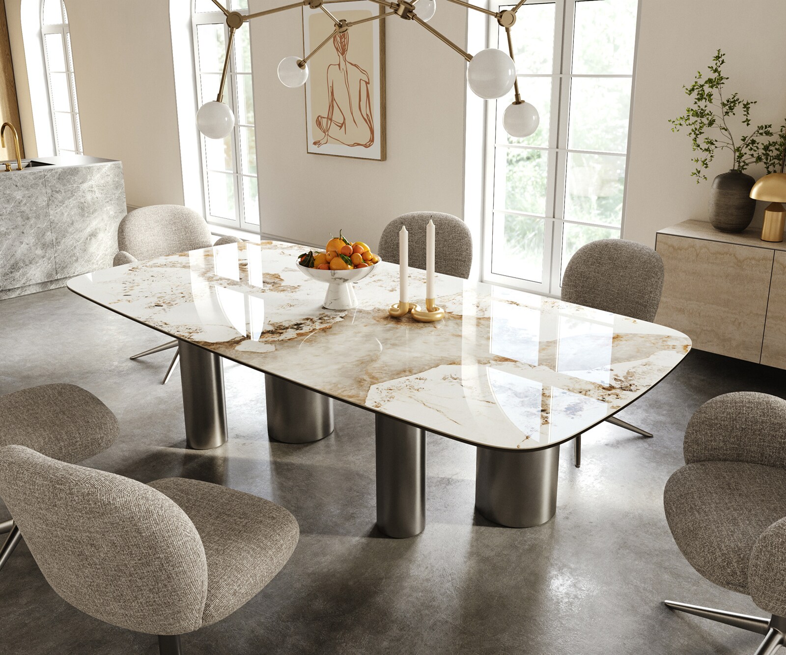 Eettafel Edge Boot 240x120 cm Keramiek Minas Melange Wit-Beige Pilier Roestvrij staal Grafiet