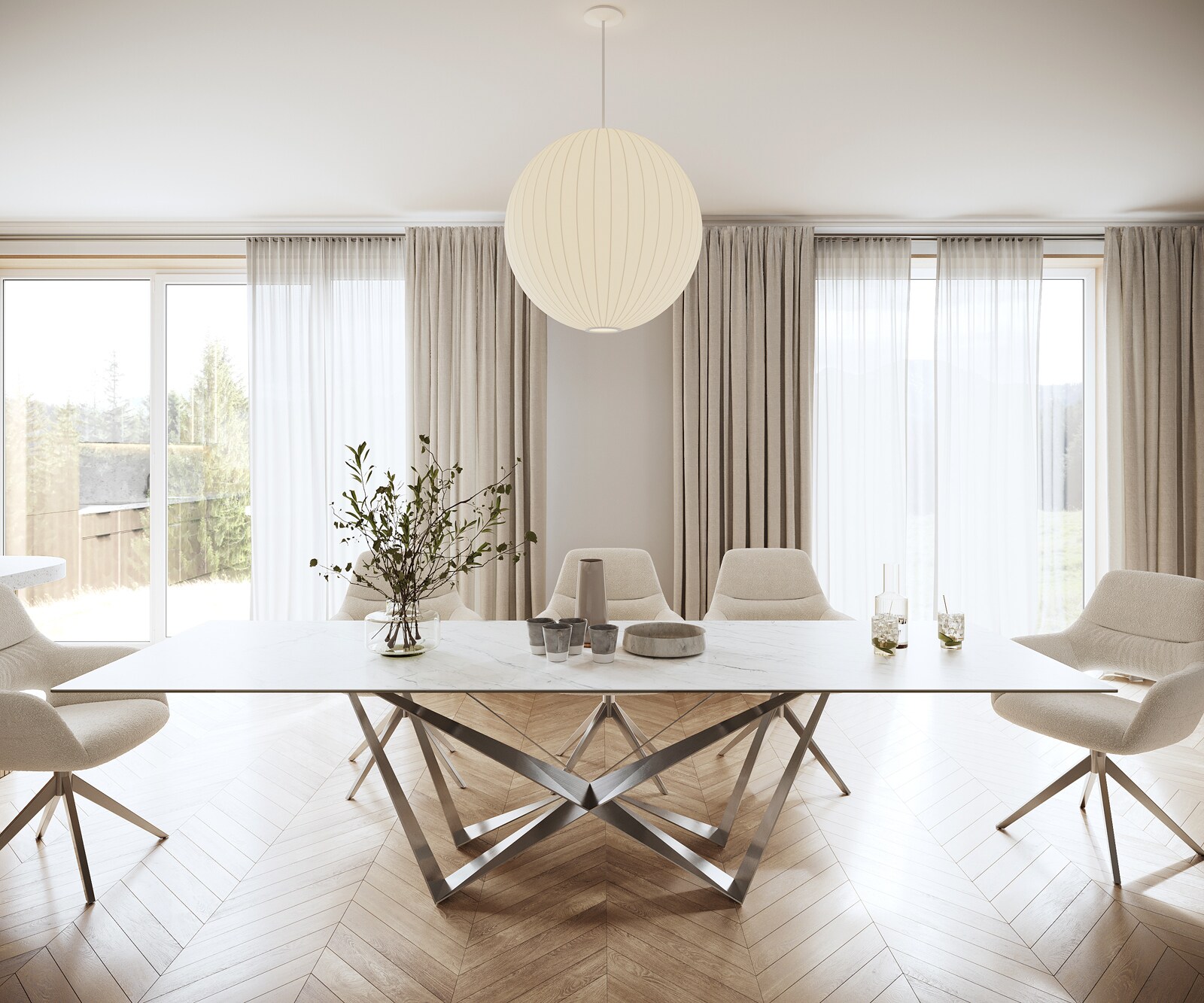 Eettafel Edge 300x100cm Laminam® keramiek wit middenpoot vlak staal zilver