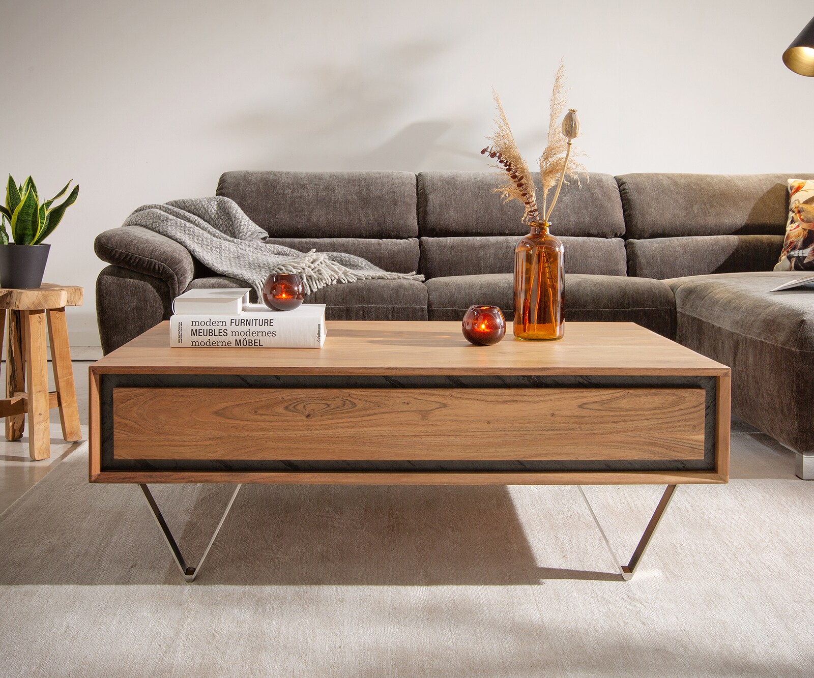 Salontafel Stonegrace 115x60 acacia natuur 2 laden steen fineer V-poot 1