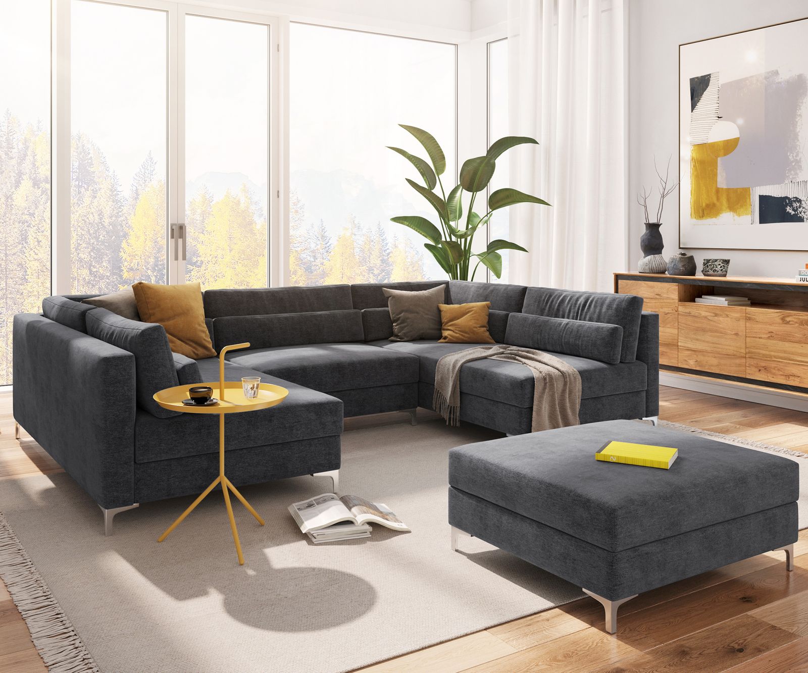 Woonlandschap Elio 300x185 cm microvezel grafiet met poef Woonlandschap Elio 300x185 cm microvezel grafiet met poef