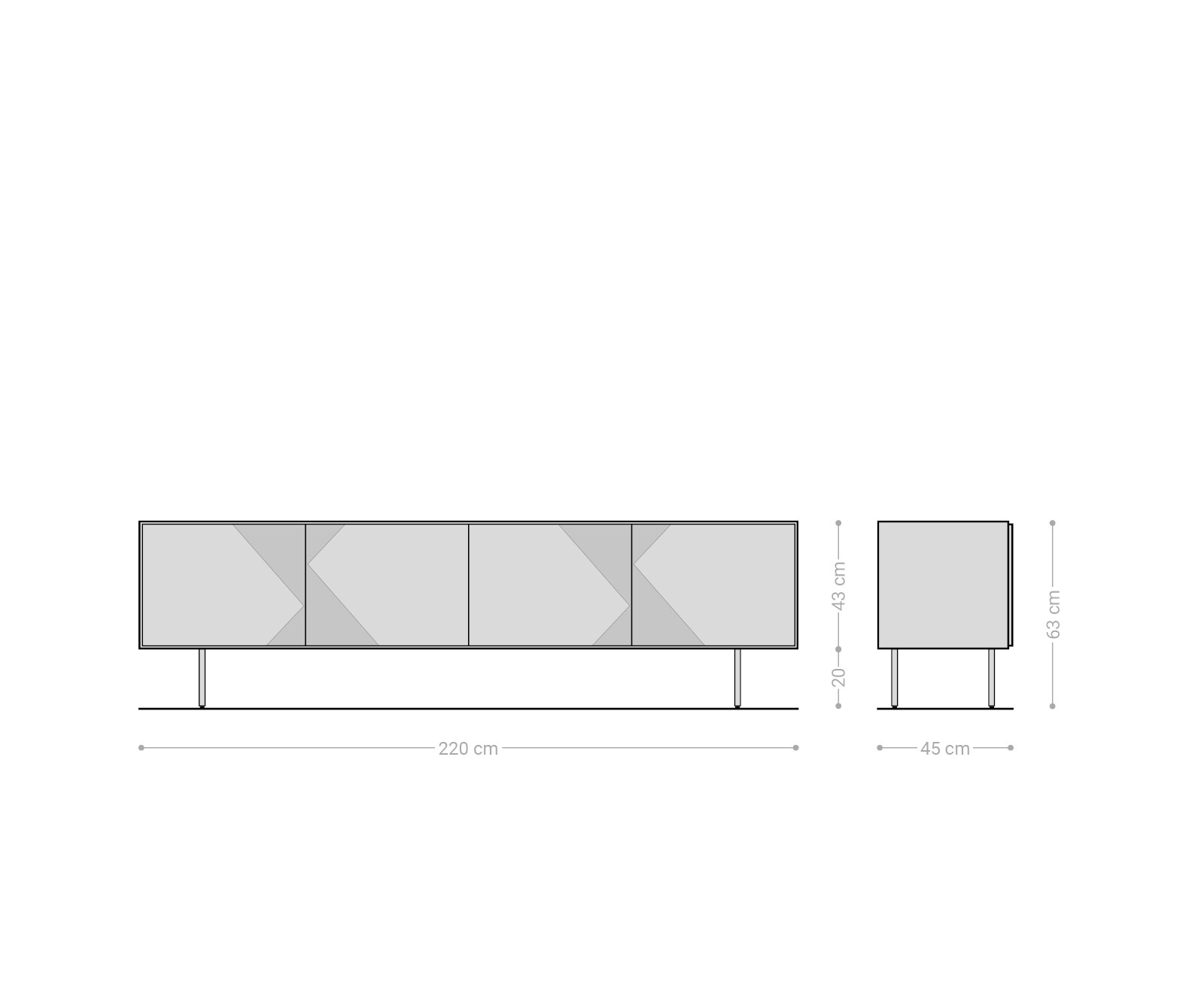 TV-meubel Tereos 220 cm essenhout donkerbruin 3D-effect 4 deuren ronde voet metaal zwart 6
