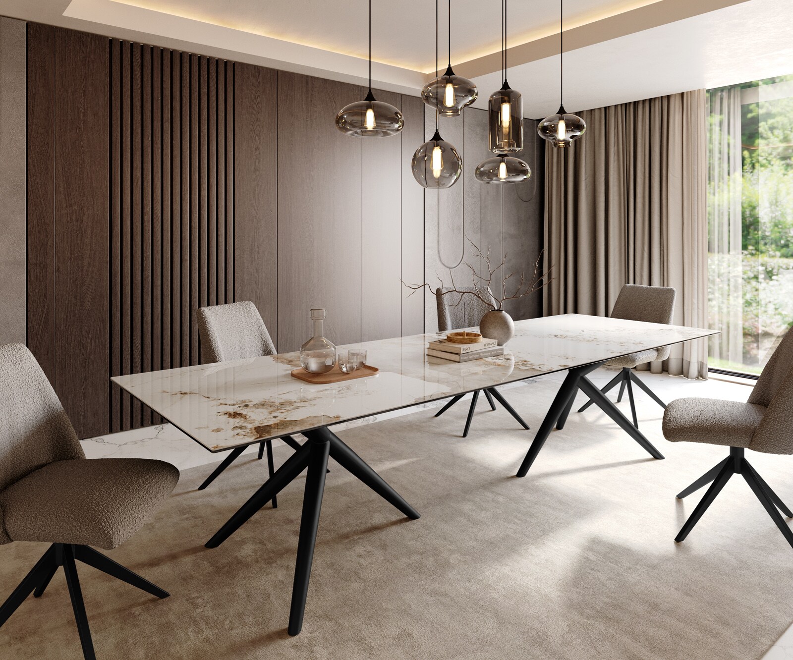Eetkamertafel Edge 300x100 keramiek Minas Melange wit-Beige Estelar rond  metaal zwart 1