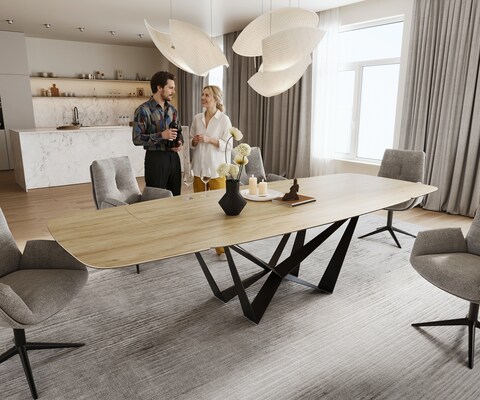 Eettafel Edge Boot 200-300x120 cm Keramiek Laminam® Sabbia Eichefarbig Spider Flachstahl Zwart uitschuifbaar