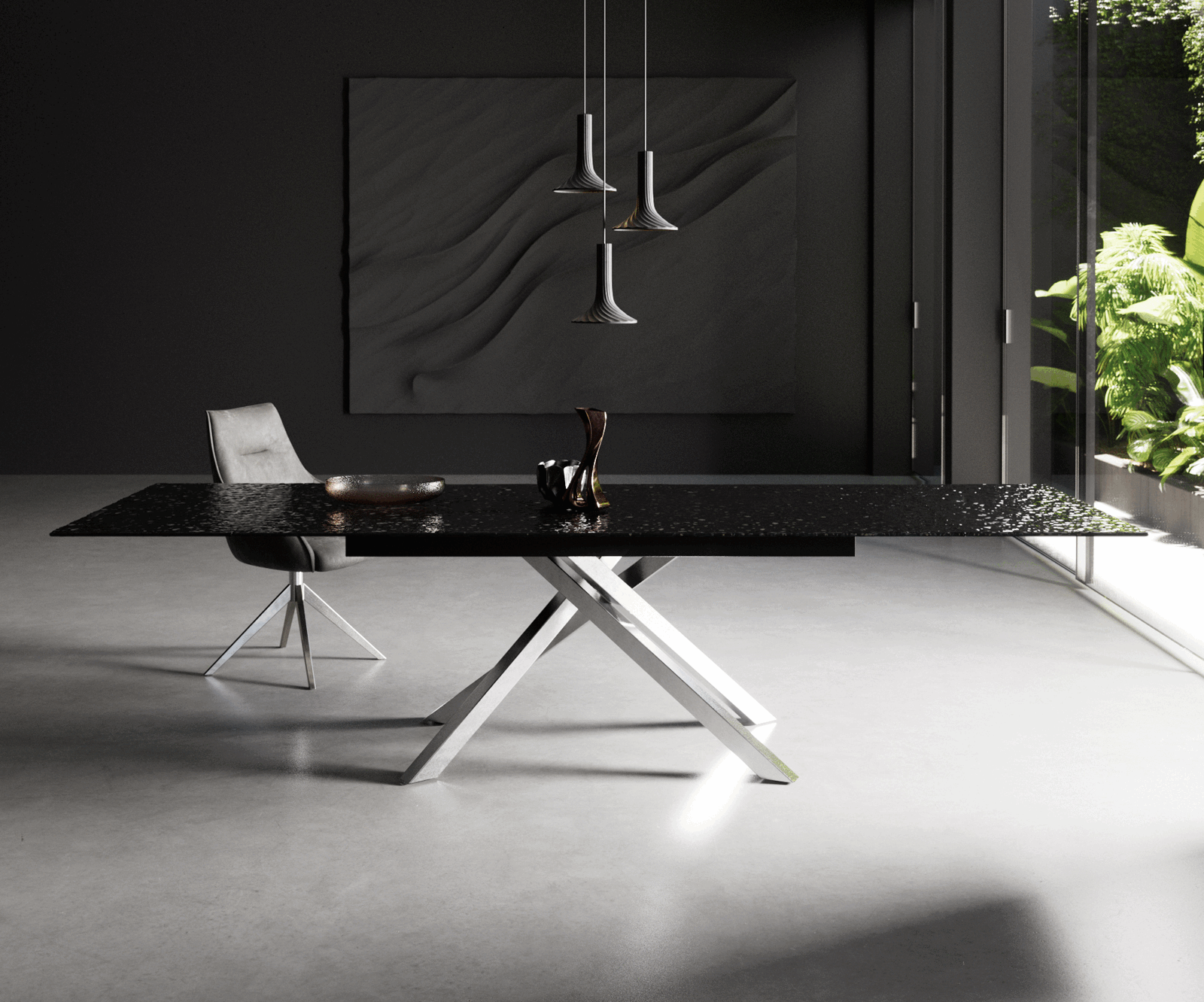 Eetkamertafel Edge 200-300x100 Glas smelten rokerig zwart 3D-Relief kruisframe rechthoek RVS uitschuifbaar 2