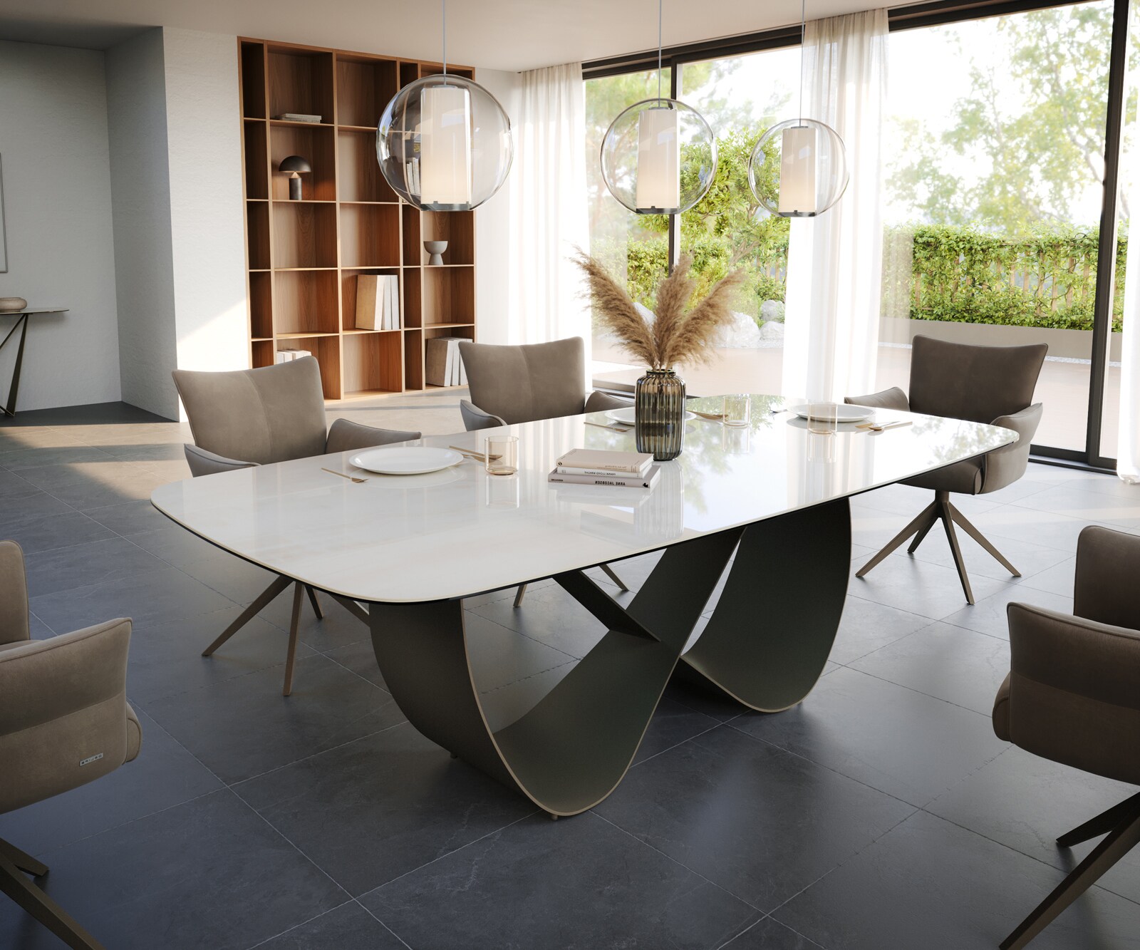 Eettafel Edge Boot 240x120 cm Keramiek Onyx Champagne Infinity Metaal Effectafwerking Titan 1