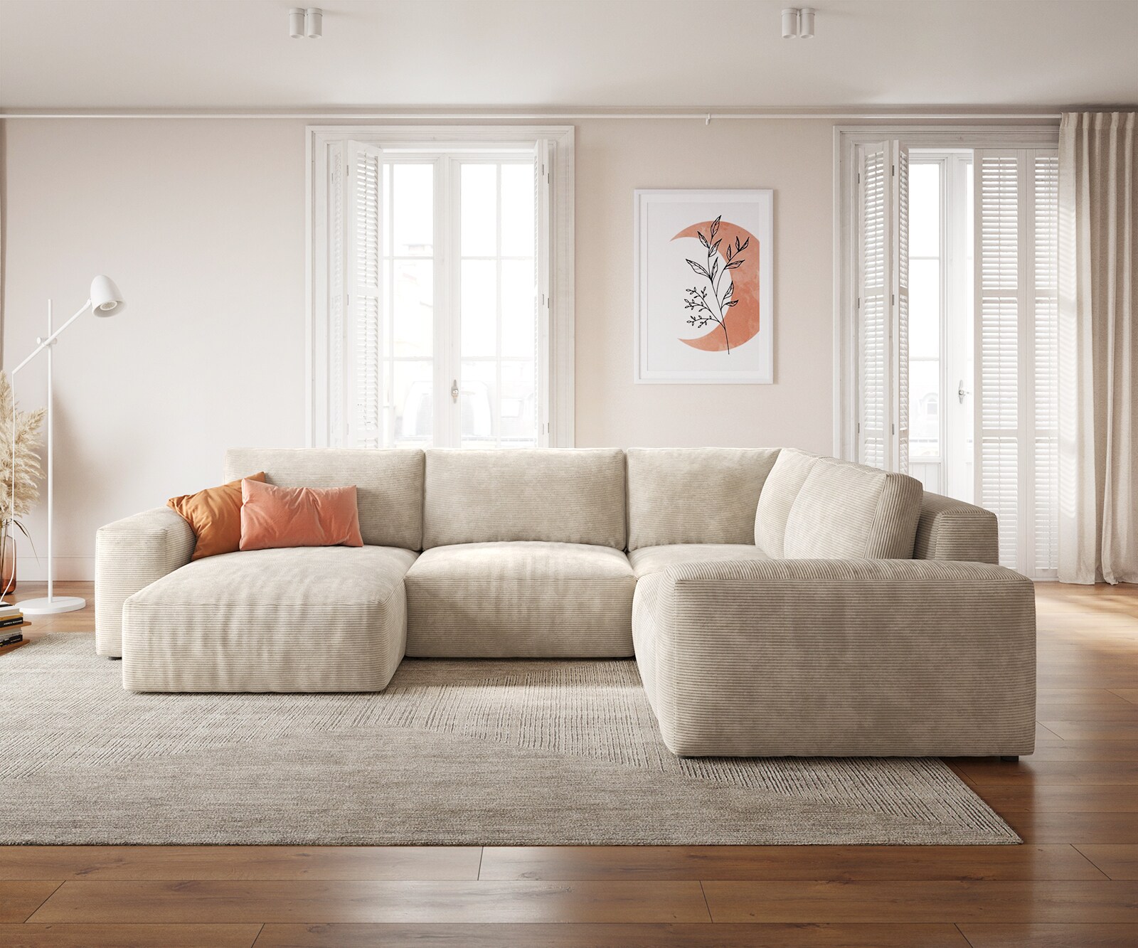 Woonlandschap Lanzo 300x210 cm ribcord beige met variabele recamière 1