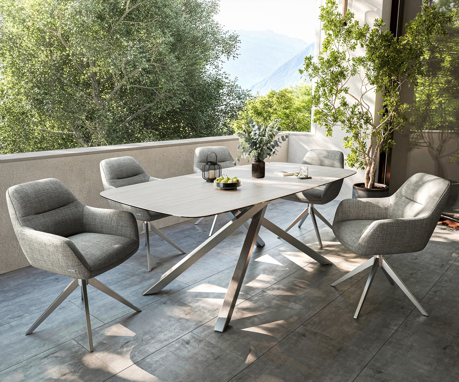 Outdoortafel Edge Boot 200x100 cm keramiek Laminam® Travertino Bianco crème-wit kruispoot rechthoekig roestvrij staal 7