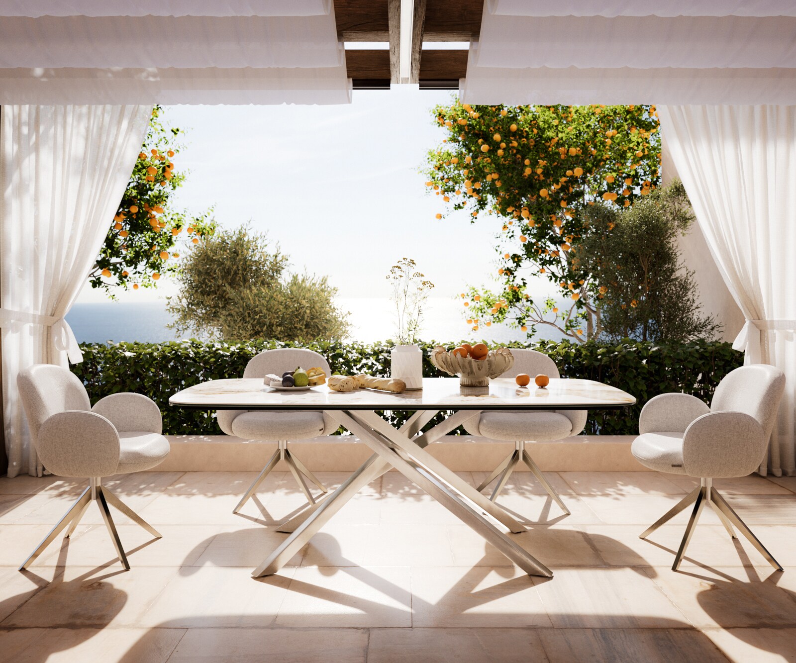 Outdoortafel Edge Boot 200x100 cm keramiek Minas Melange wit-beige kruispoot rechthoekig roestvrij staal 1