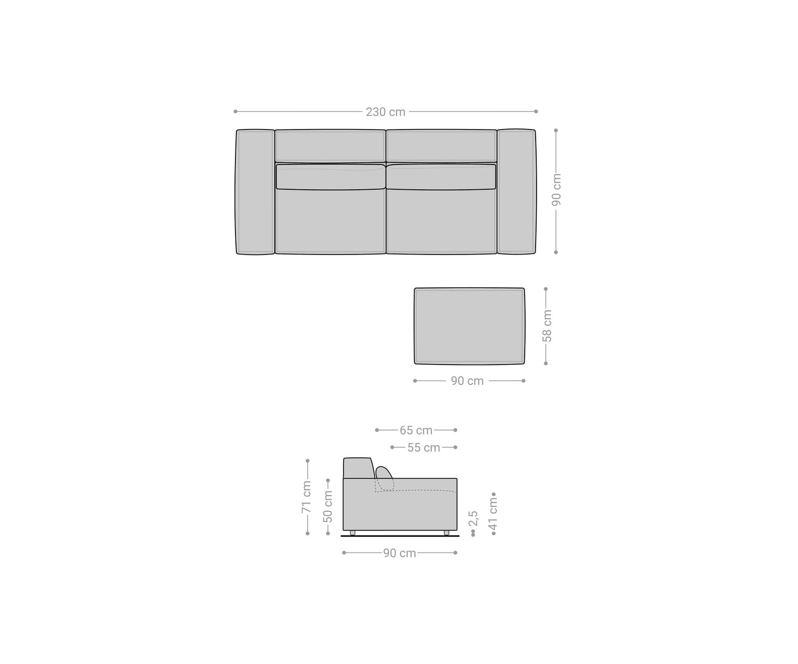 Grote bank Sirpio 230x90 cm microvezel zwart met kruk 6