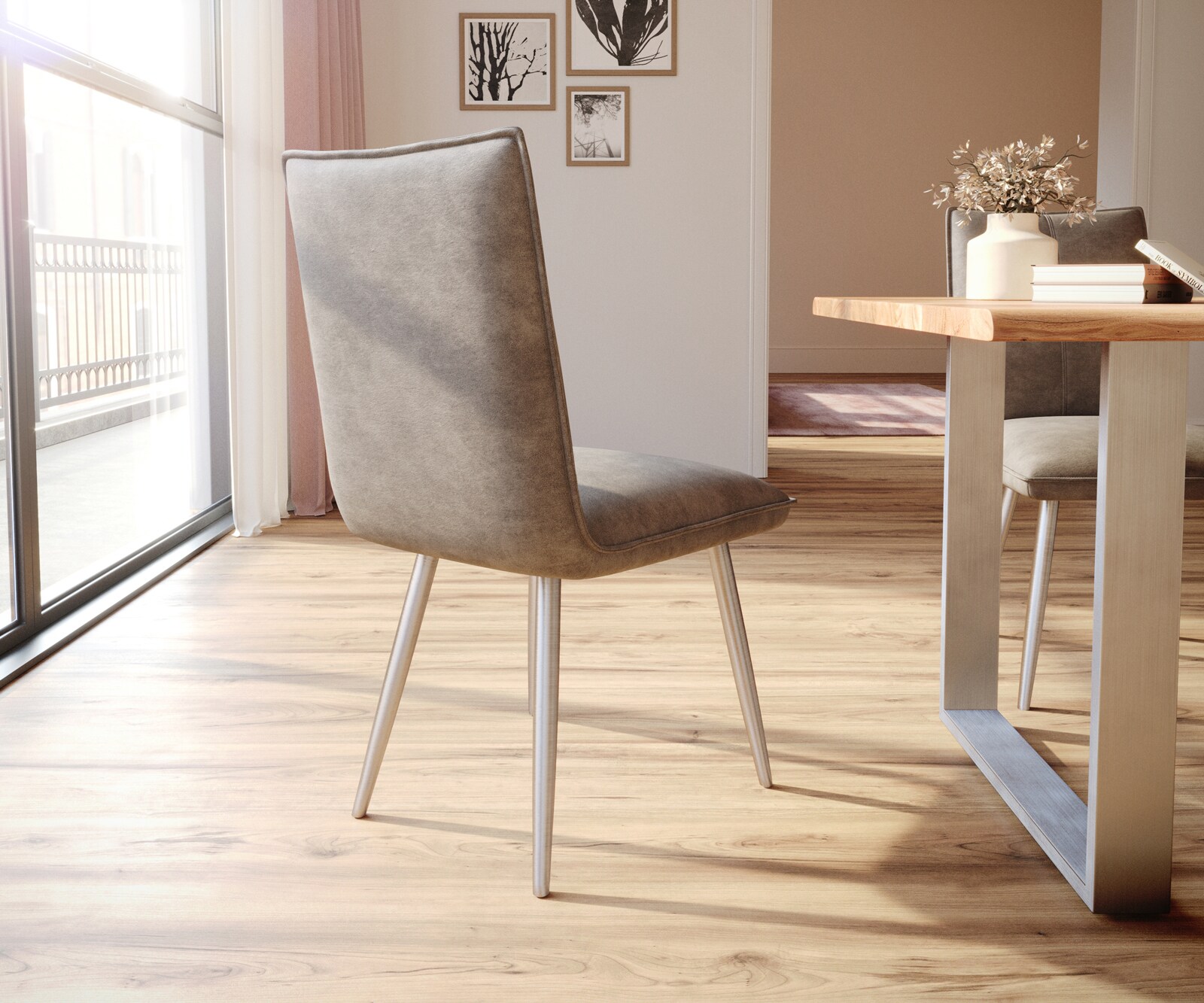 Eetkamerstoel Lelio-Flex microvelours taupe vintage 4-poot conisch roestvrij staal pocketveer kern 4