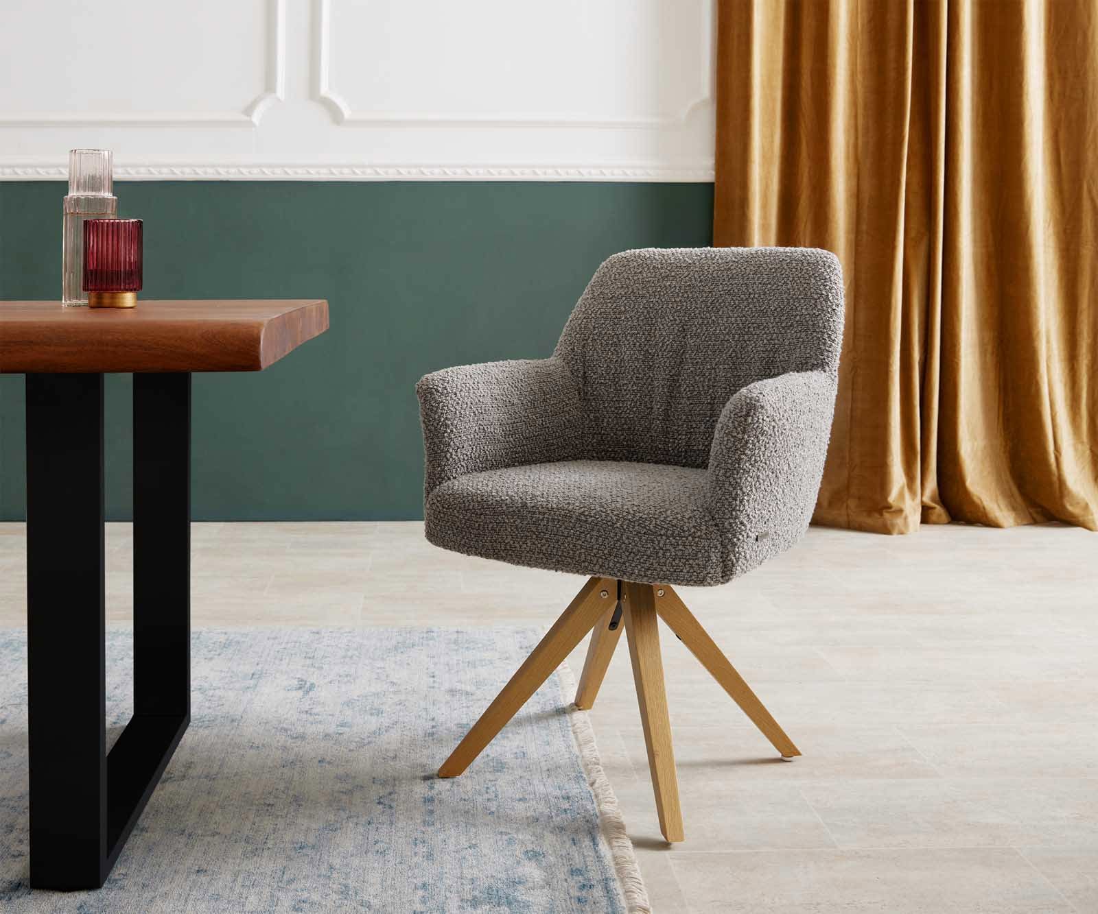 Draaistoel Xana-Flex met armleuning bouclé zilver grijs houten frame hoekig natuur 180° draaibaar pocketveer kern Draaistoel Xana-Flex met armleuning bouclé zilver grijs houten frame hoekig natuur 180° draaibaar pocketveer kern