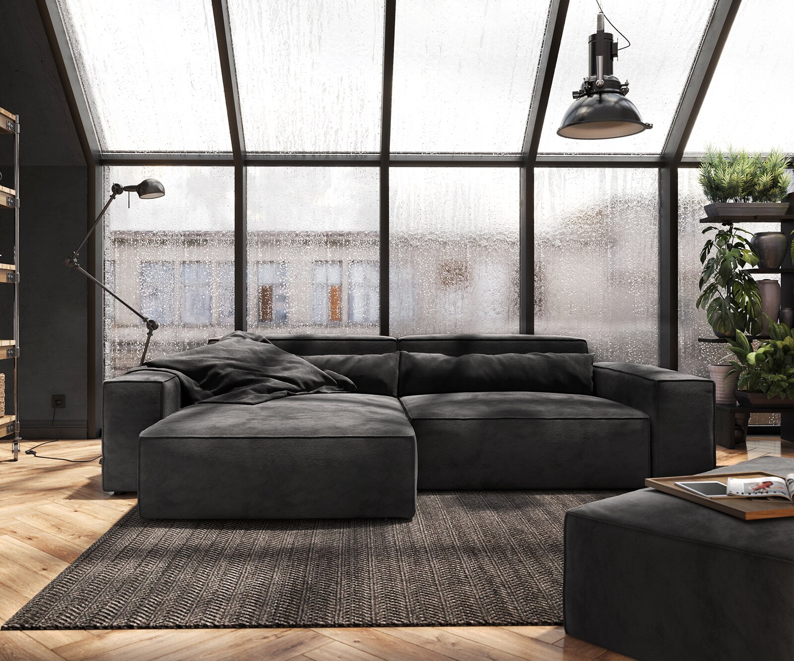 Hoekbank Sirpio XL 270x170 cm microvezel zwart recamiere variabele met kruk 1