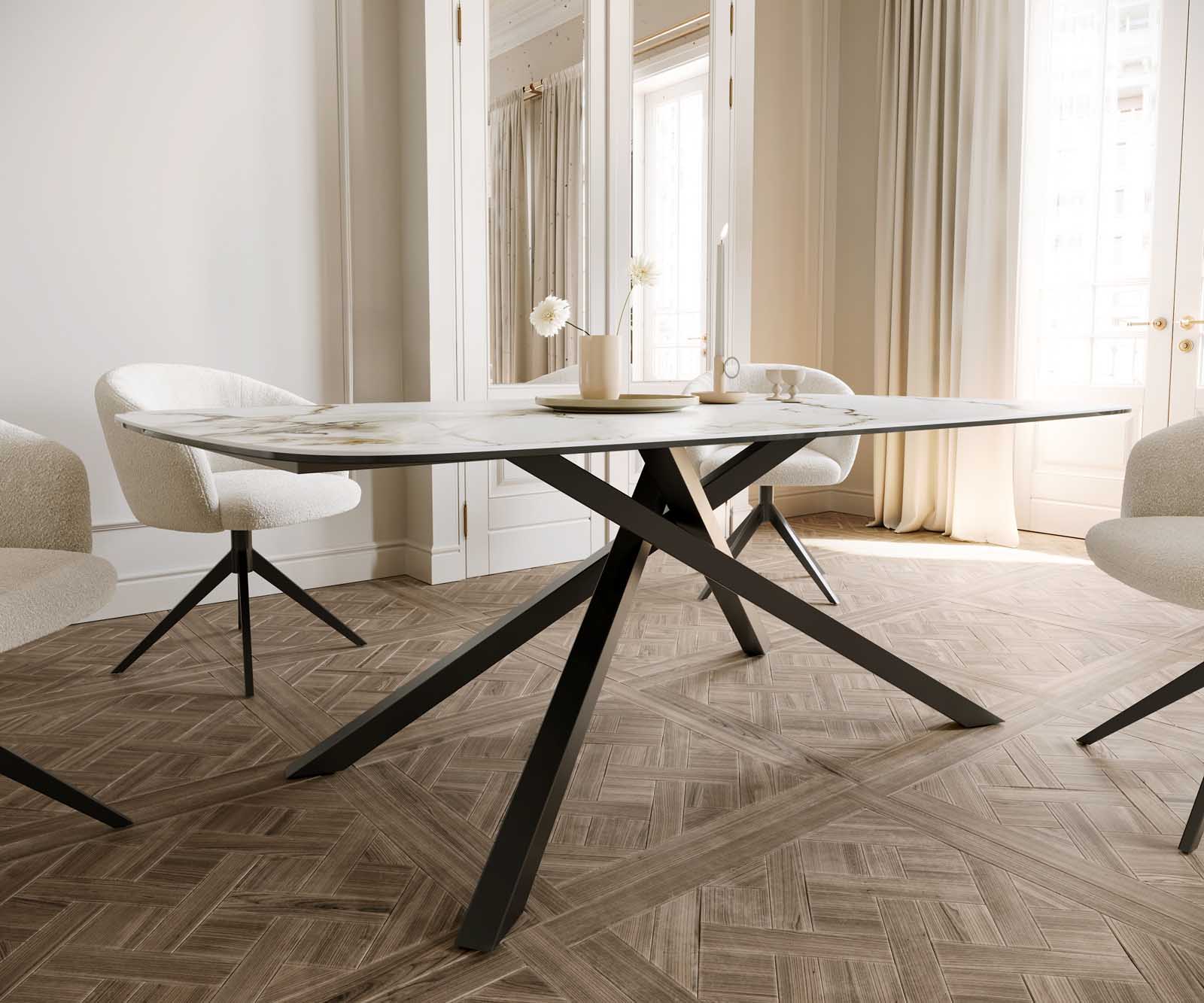 Eetkamertafel Edge Boot 200x100 keramiek Calacatta Luxe wit-goud-grijs kruisframe rechthoek zwart 5