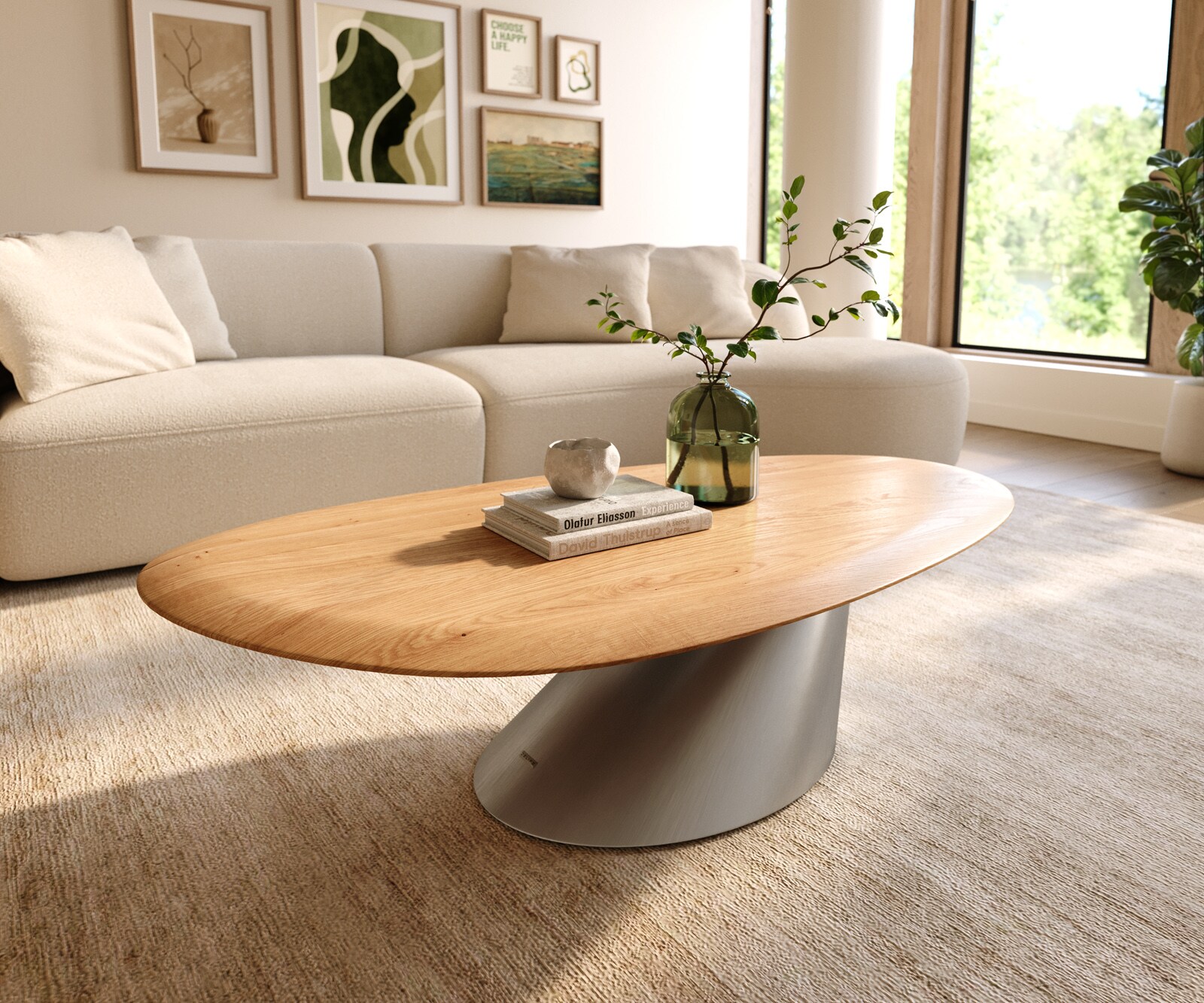 Salontafel Edge Oval 140x75 cm Eiken Naturel ronde rand Conis geborsteld roestvrij staal 1