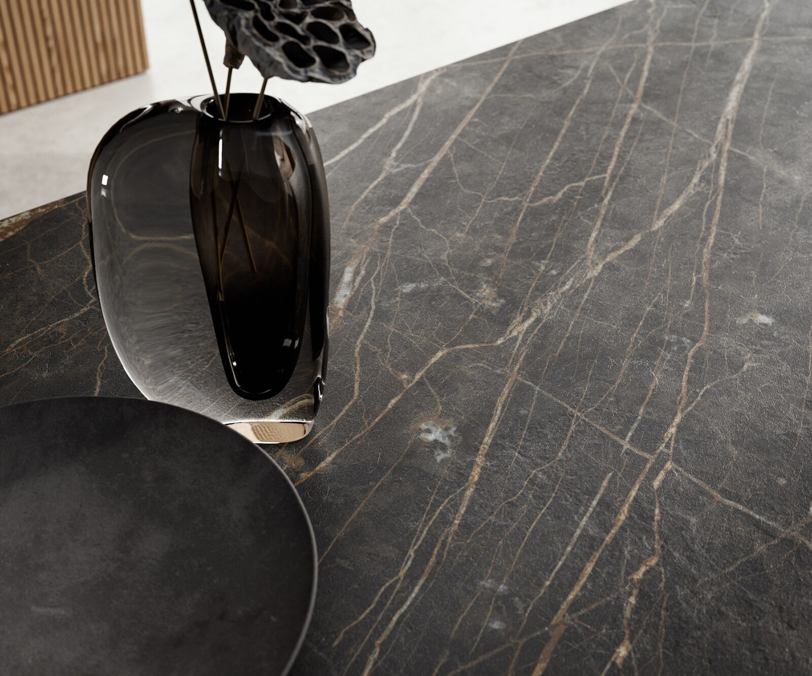 Eettafel Edge 200-300x100 Keramiek Laminam®Noir Desir Bruin W-frame Effectafwerking Titanium Uitbreidbaar 7
