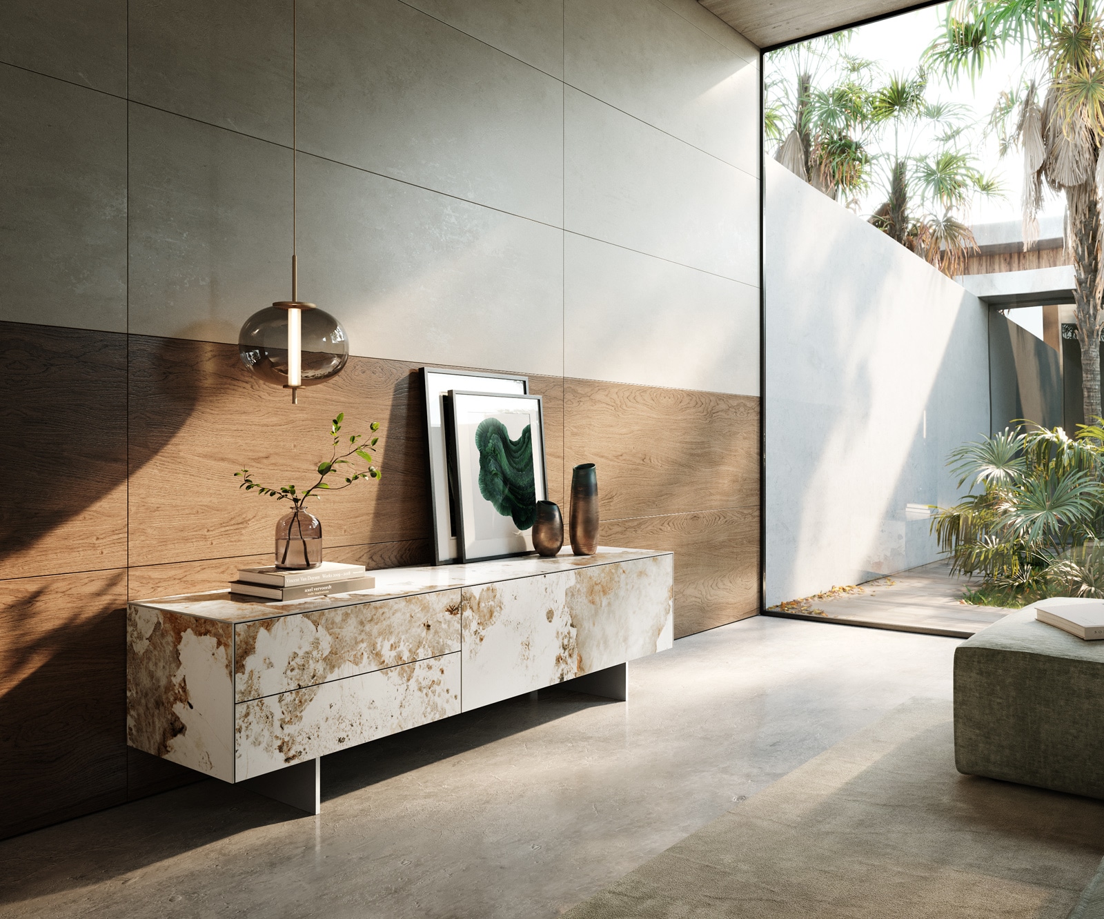 Tv-meubel Cuor 180 cm Keramiek Minas Melange Wit-beige 1 Flap 2 Laden Zwevende voet look Roestvrij staal 1