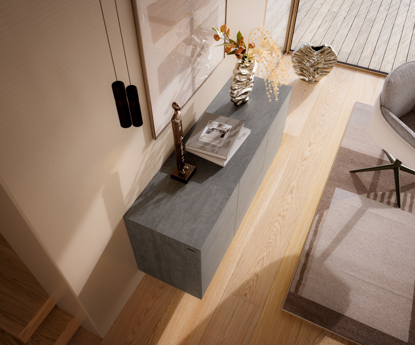 Dressoir Cuor 150 cm Keramiek Beton Grijs 3 Deuren Zwevende voet look Acrylglas 3