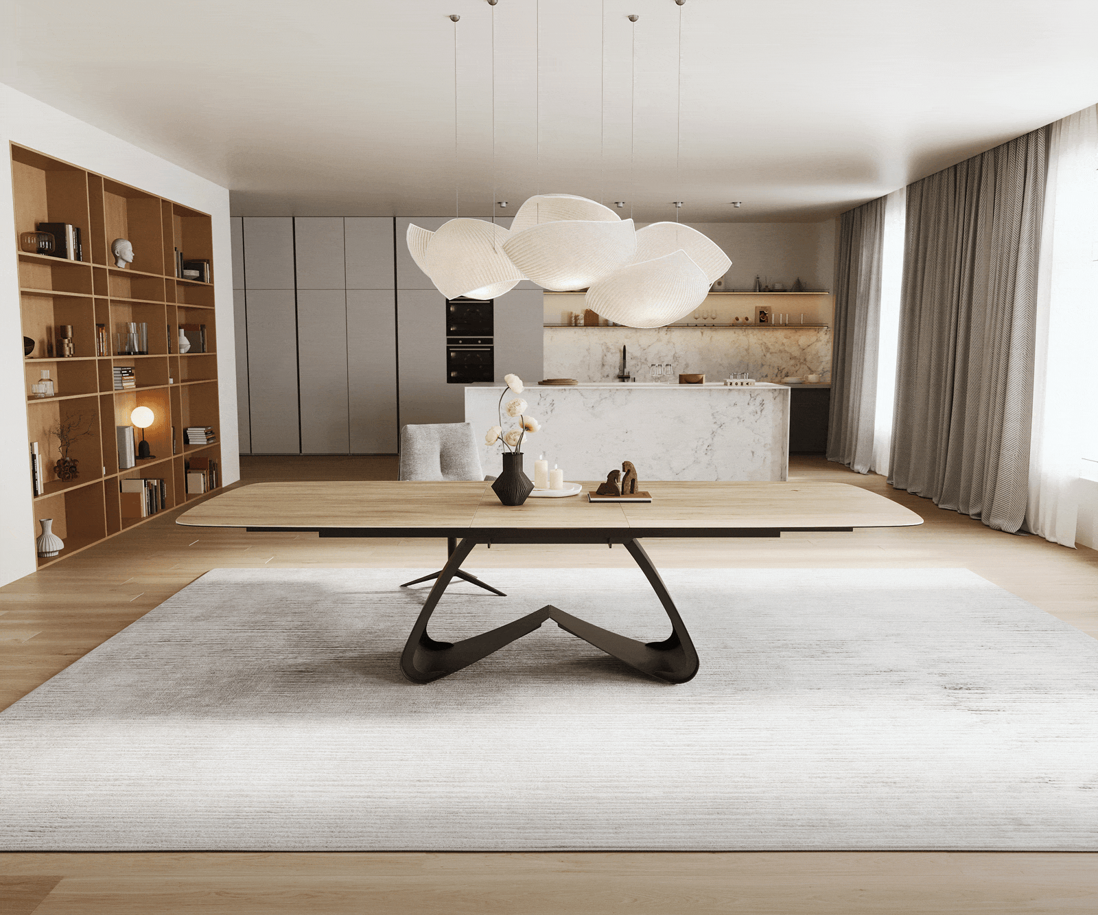 Eettafel Edge Boot 240-300x120 cm Keramiek Laminam® Sabbia Eichefarbig W-onderstel Zwart uitschuifbaar 2