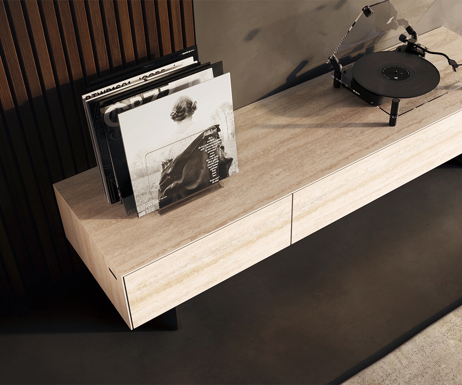 Tv-meubel Cuor 150 cm Keramiek Laminam® Travertino Bianco Crème-wit 1 Flap 1 Lade Zwevende voet look Metaal Zwart 3