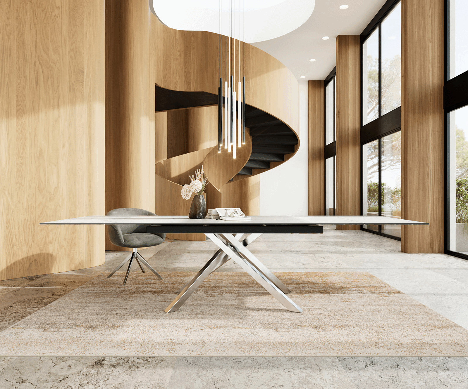 Eetkamertafel Edge 200-300x100 keramiek Laminam®Statuarietto Weiß kruisframe rechthoek RVS uitschuifbaar
