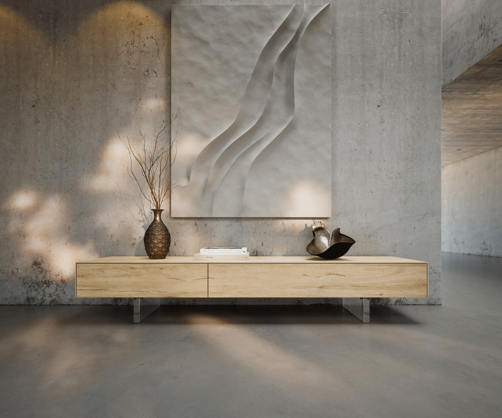 Tv-meubel Cuor 200 cm Keramiek Laminam® Sabbia Eiken gekleurd 1 Flap 1 Lade Zwevende voet look Acrylglas 1