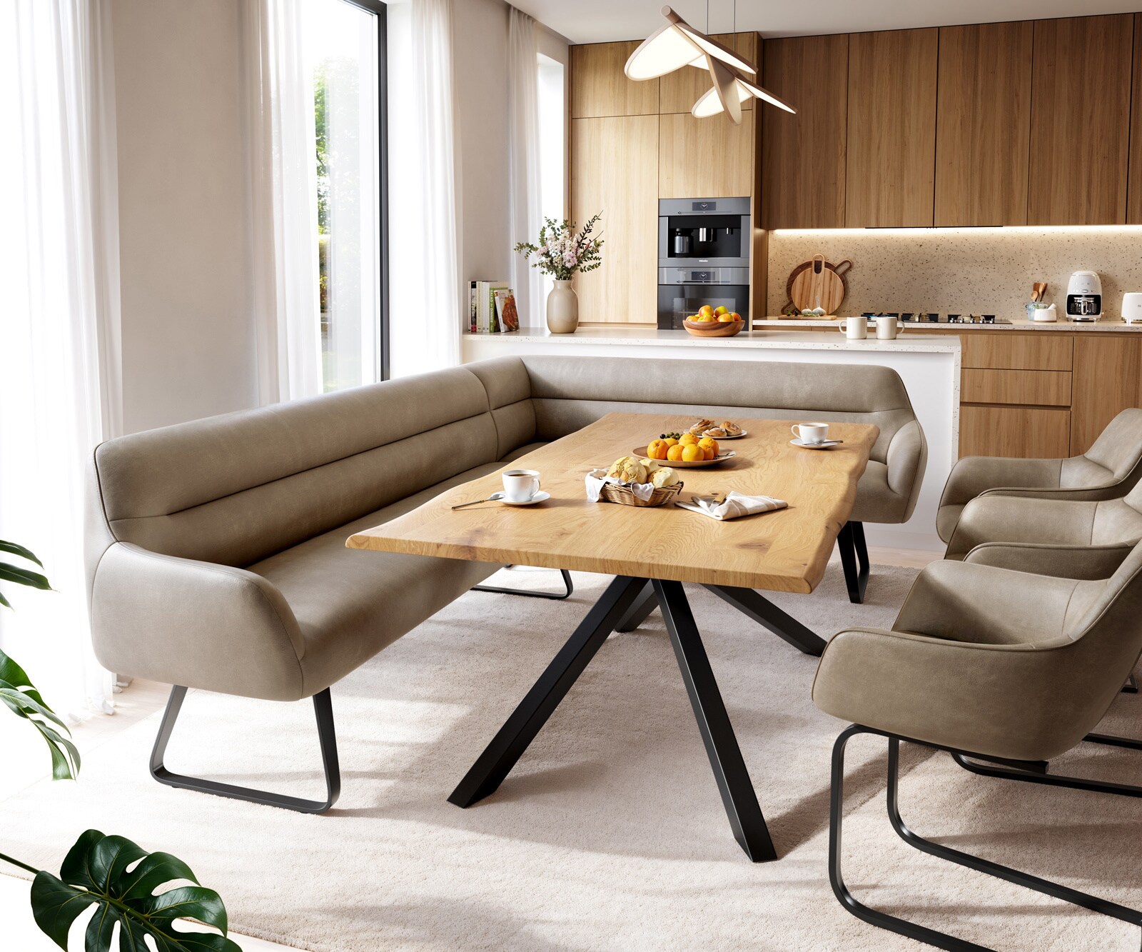 Eetkamerbank Taya-Flex 285x190 cm microvelours beige vintage platte sledebasis zwart pocketvering links 1