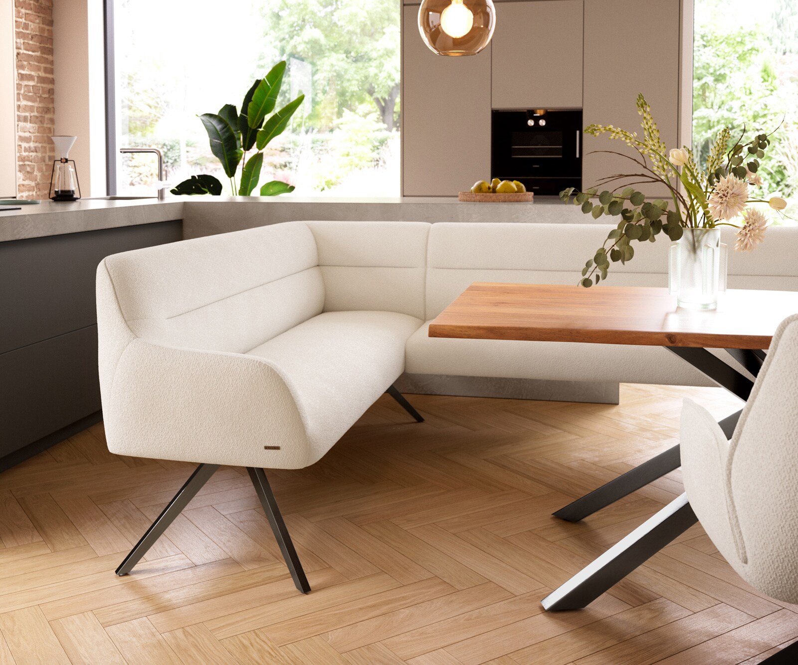 Eetkamerbank Taya-Flex 285x190 cm bouclé crème-wit hoekig kruisframe grafiet pocketvering links 5