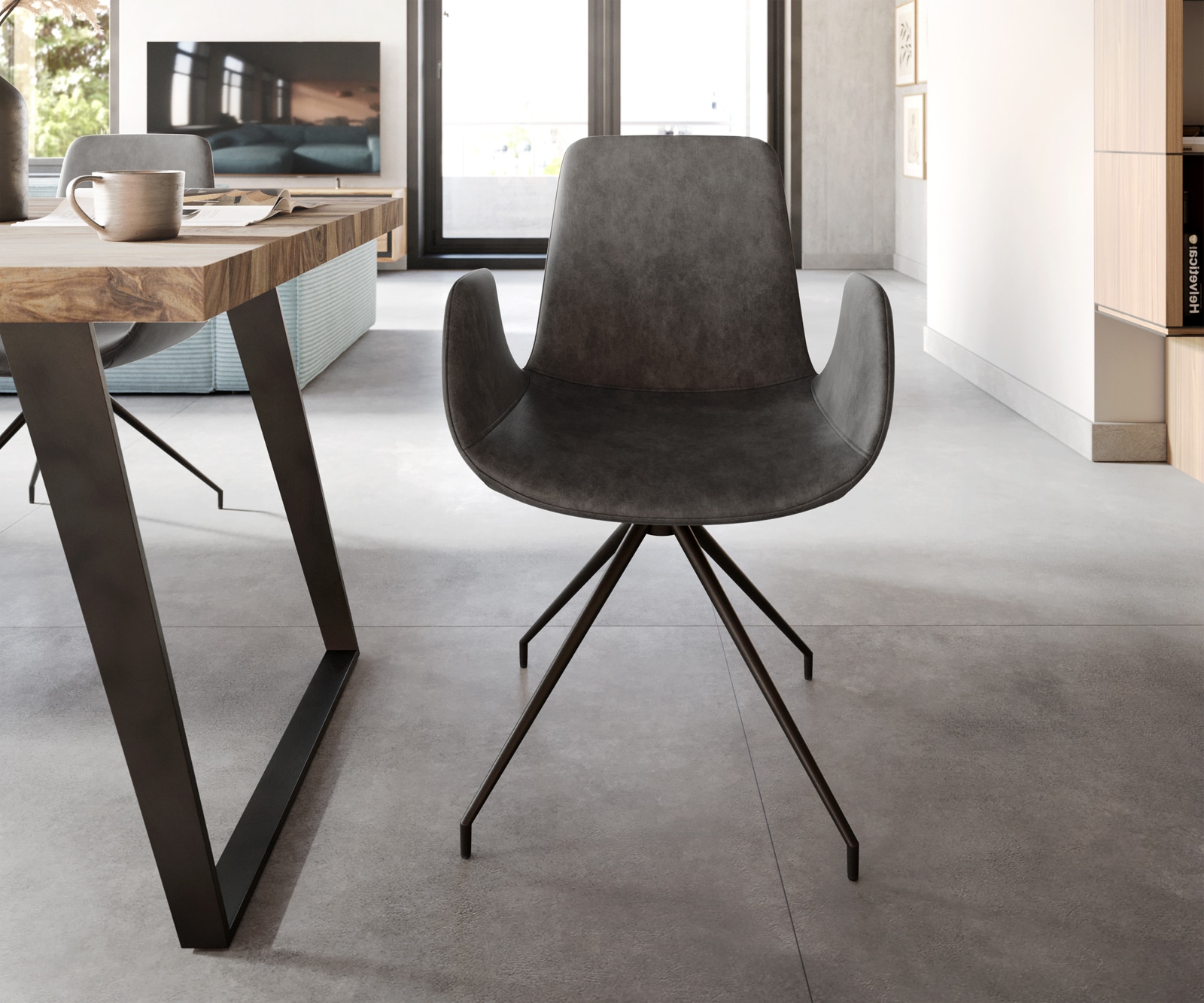 Eetkamerstoel Ilia-Flex met armleuning microvelours antraciet vintage kruisframe conisch zwart 1 Eetkamerstoel Ilia-Flex met armleuning microvelours antraciet vintage kruisframe conisch zwart 1