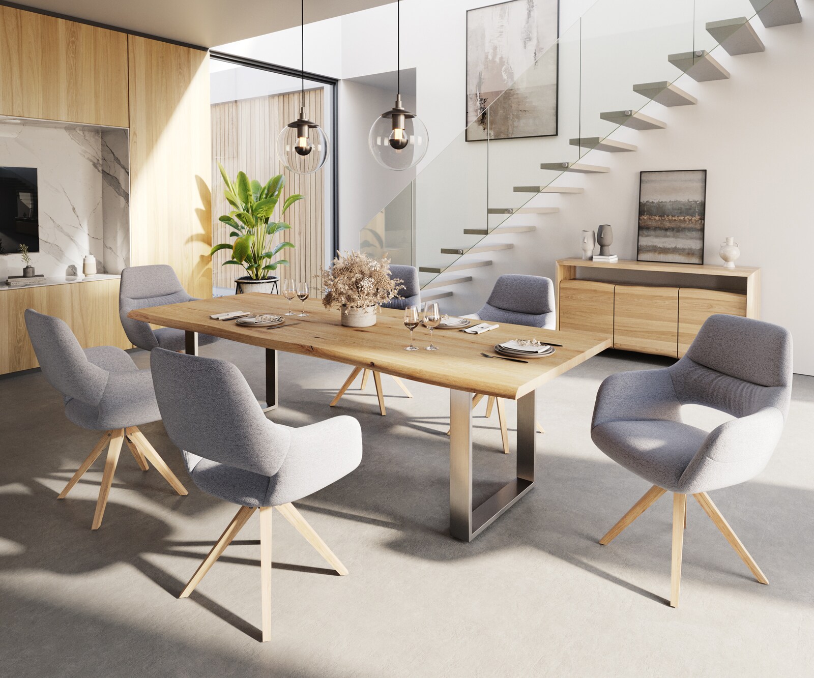 Eetkamerstoel Yago-Flex met armleuning structuurstof lichtgrijs houten frame hoekig natuur pocketveer kern 3 Eetkamerstoel Yago-Flex met armleuning structuurstof lichtgrijs houten frame hoekig natuur pocketveer kern 3