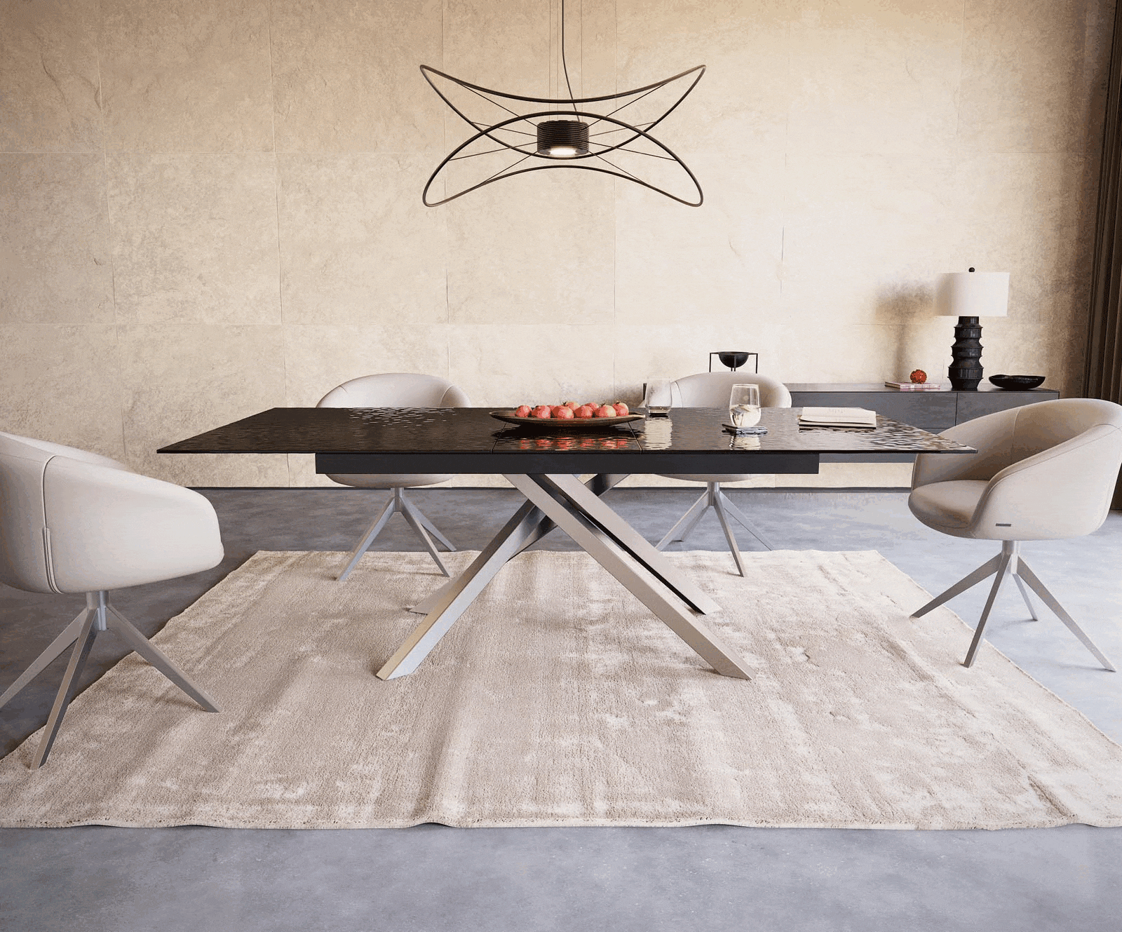 Eetkamertafel Edge 180-220x100 Glas smelten rokerig zwart 3D-Relief kruisframe rechthoek RVS uitschuifbaar 1 Eetkamertafel Edge 180-220x100 Glas smelten rokerig zwart 3D-Relief kruisframe rechthoek RVS uitschuifbaar 1