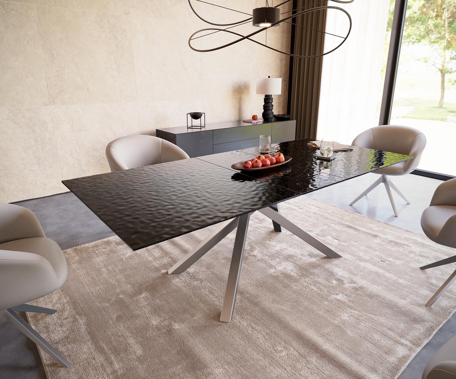 Eetkamertafel Edge 180-220x100 Glas smelten rokerig zwart 3D-Relief kruisframe rechthoek RVS uitschuifbaar Eetkamertafel Edge 180-220x100 Glas smelten rokerig zwart 3D-Relief kruisframe rechthoek RVS uitschuifbaar