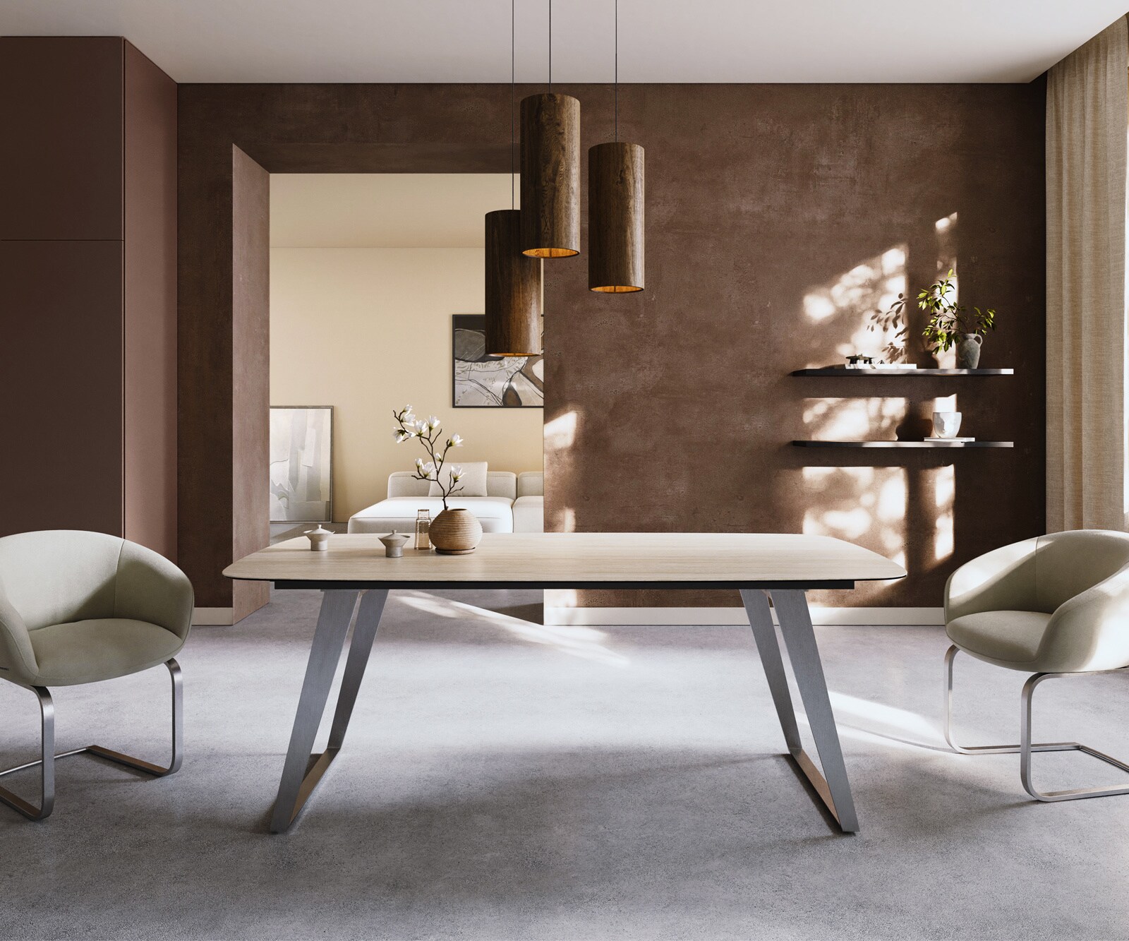 Eettafel Edge Boot 200x100 keramiek  Laminam® Travertino Bianco Creme-wit RVS Schräg 2