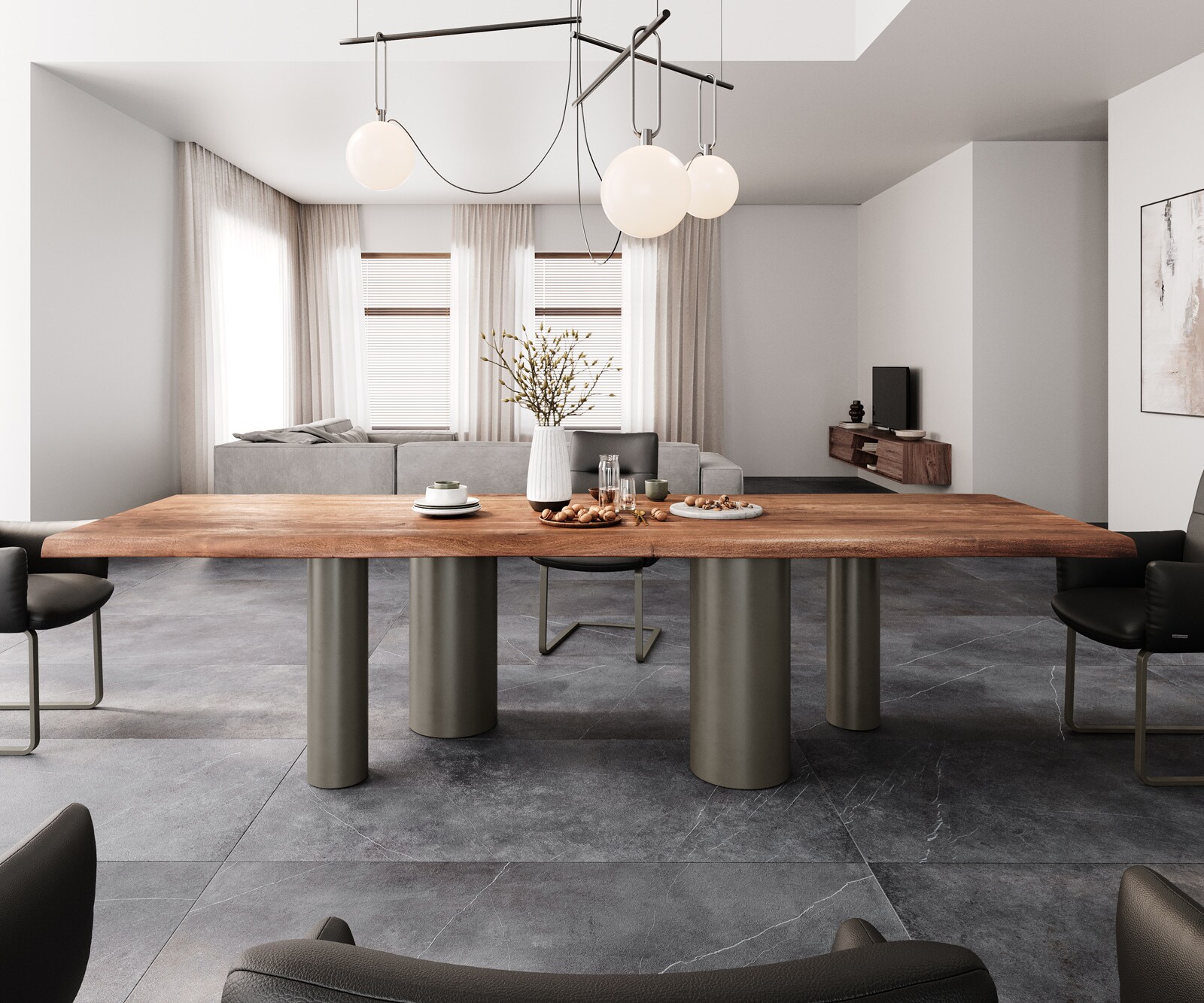 Eetkamertafel Edge 300x100 XL acacia bruin Pilier metaal effectafwerking titaan Live-Edge 1