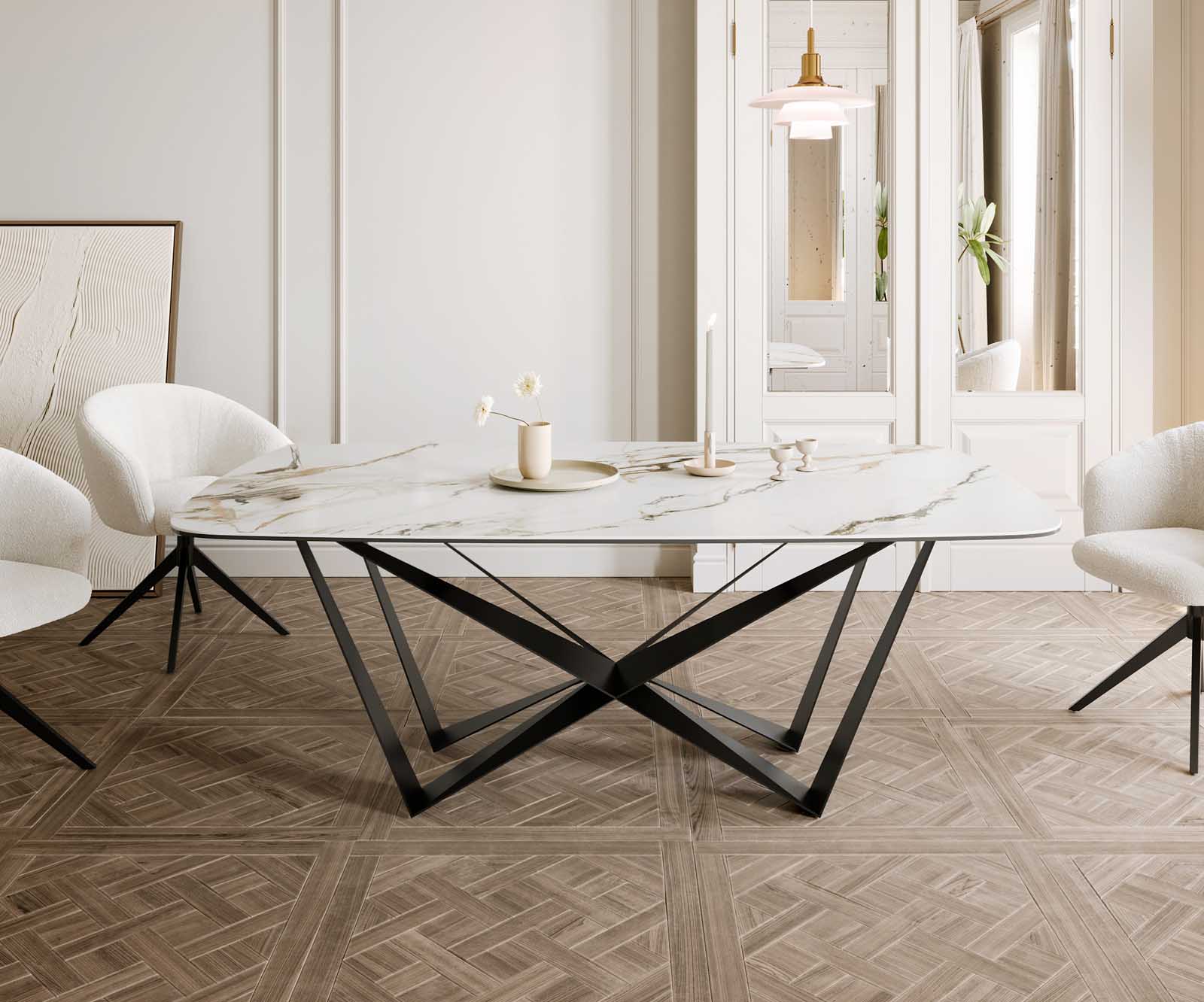 Eetkamertafel Edge Boot 200x100 keramiek Calacatta Luxe wit-goud-grijs spider vlak staal zwart 1