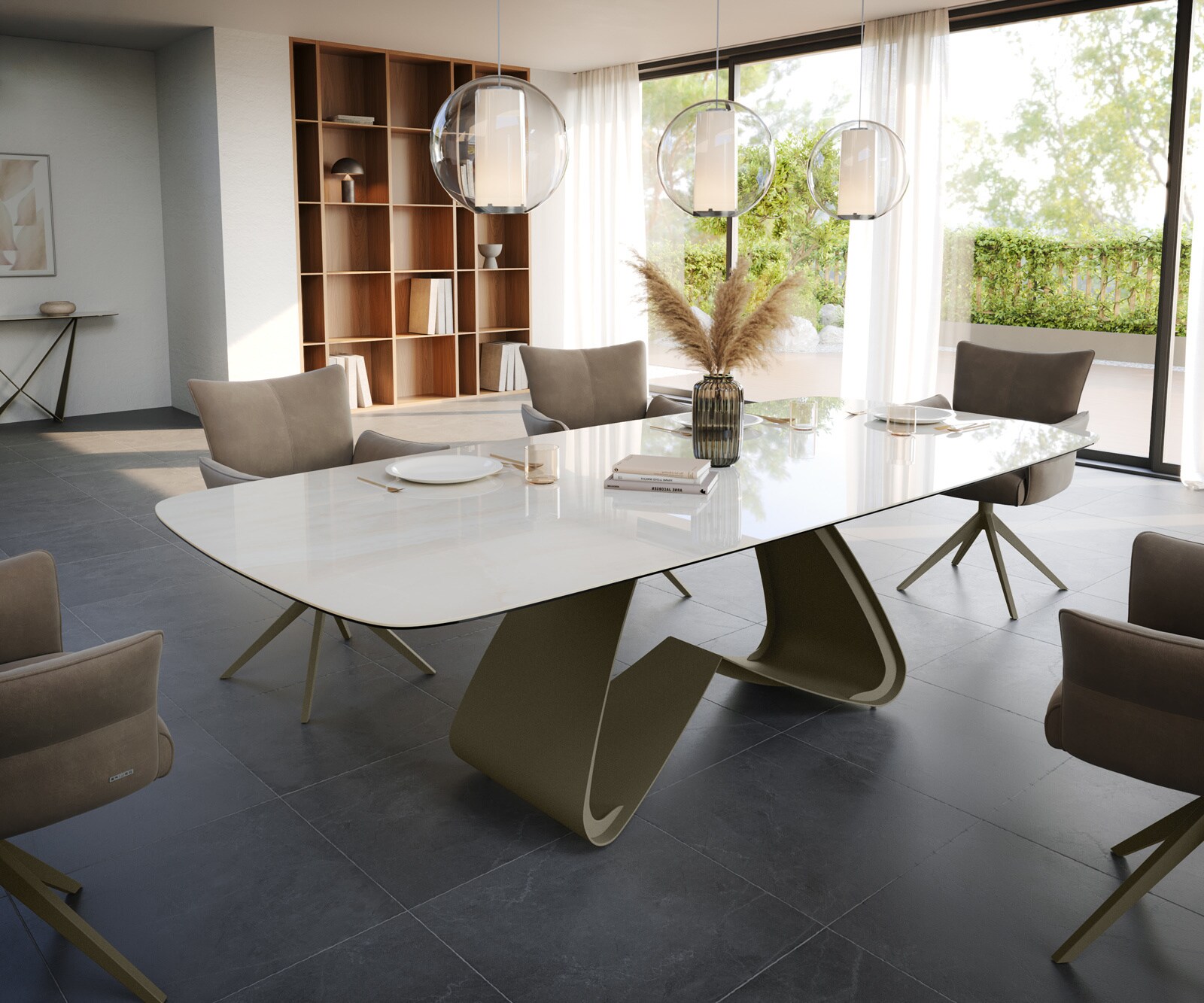 Eettafel Edge Boot 260x120 cm Keramiek Onyx Champagne W-onderstel Metaal Effectafwerking Titan 1