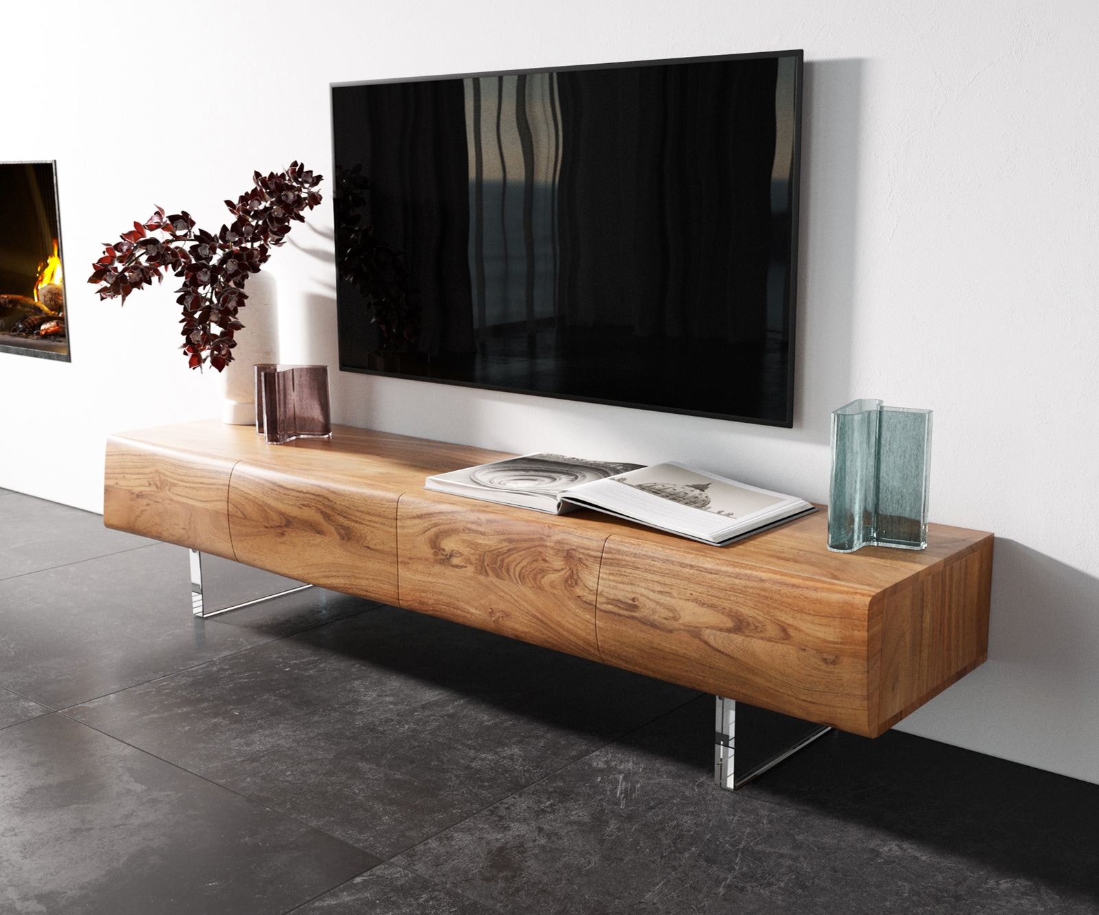 TV-meubel New Live-Edge 175 cm acacia natuur 4 deuren acrylpoot  TV-meubel New Live-Edge 175 cm acacia natuur 4 deuren acrylpoot